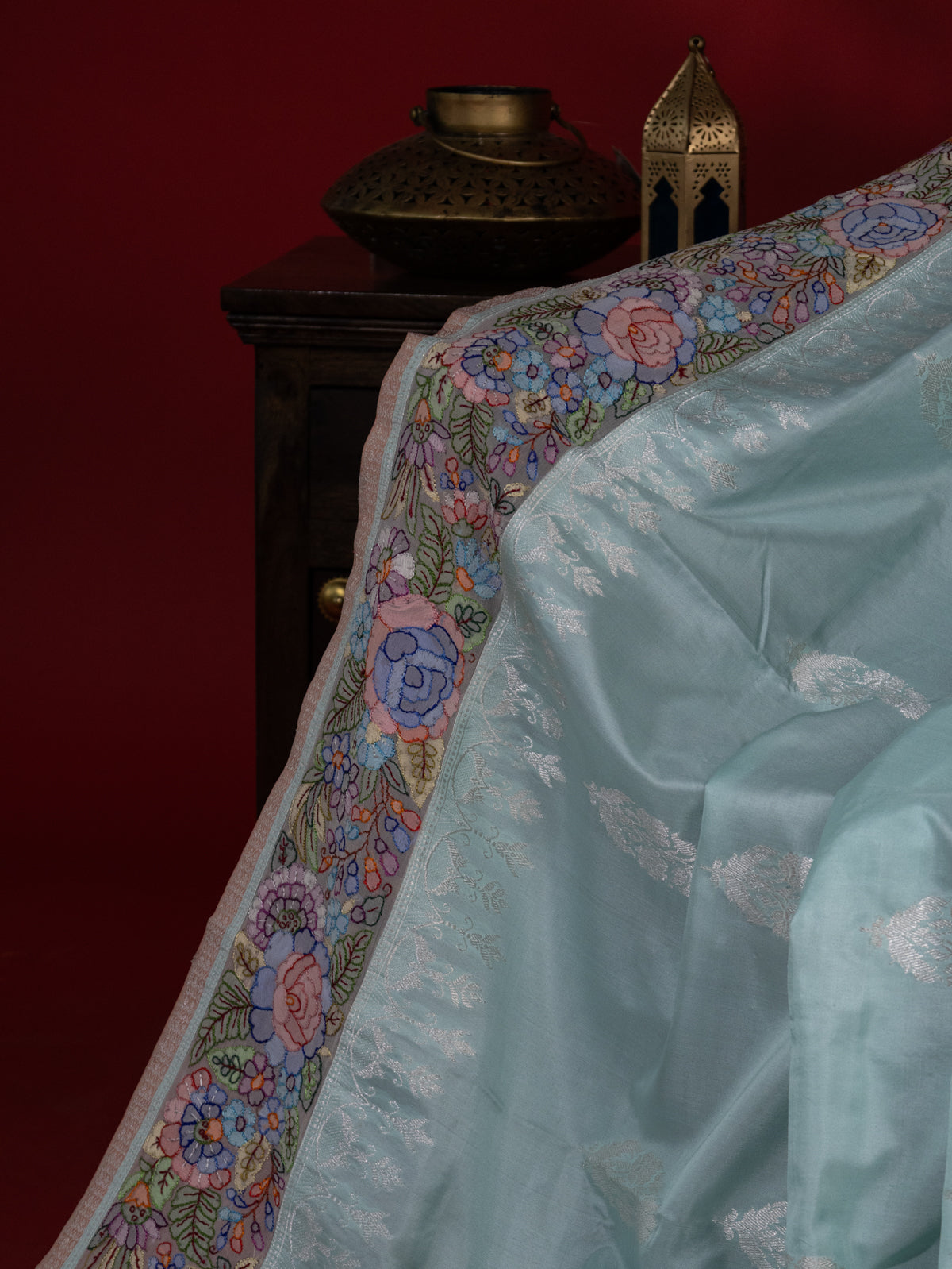 Pastel Blue Banarasi Silk Saree With Convent Embroidery
