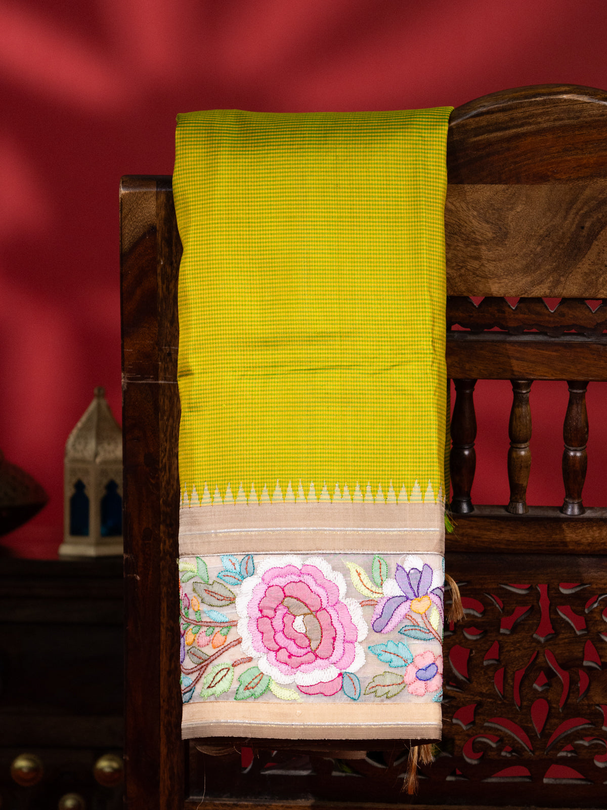 Lime Green -Beige Pure Kanchipuram Silk With Convent Embroidery