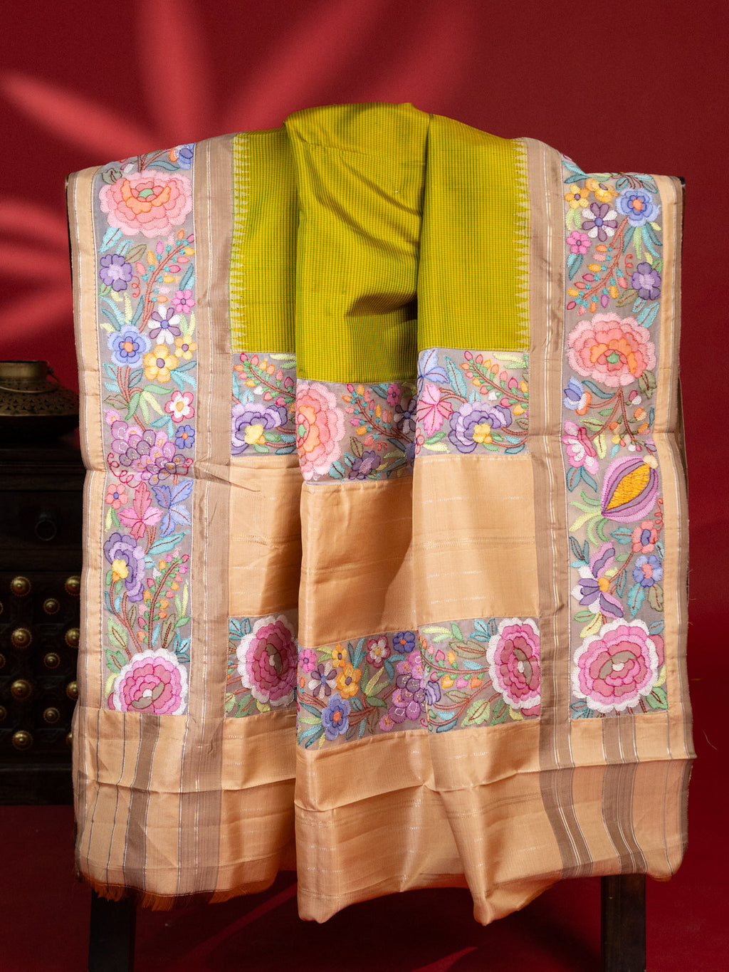Lime Green -Beige Pure Kanchipuram Silk With Convent Embroidery