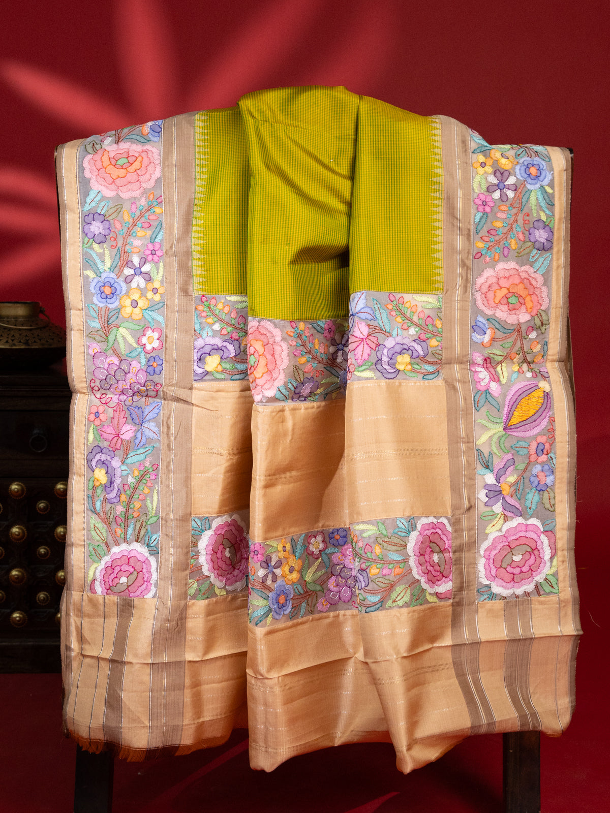 Lime Green -Beige Pure Kanchipuram Silk With Convent Embroidery