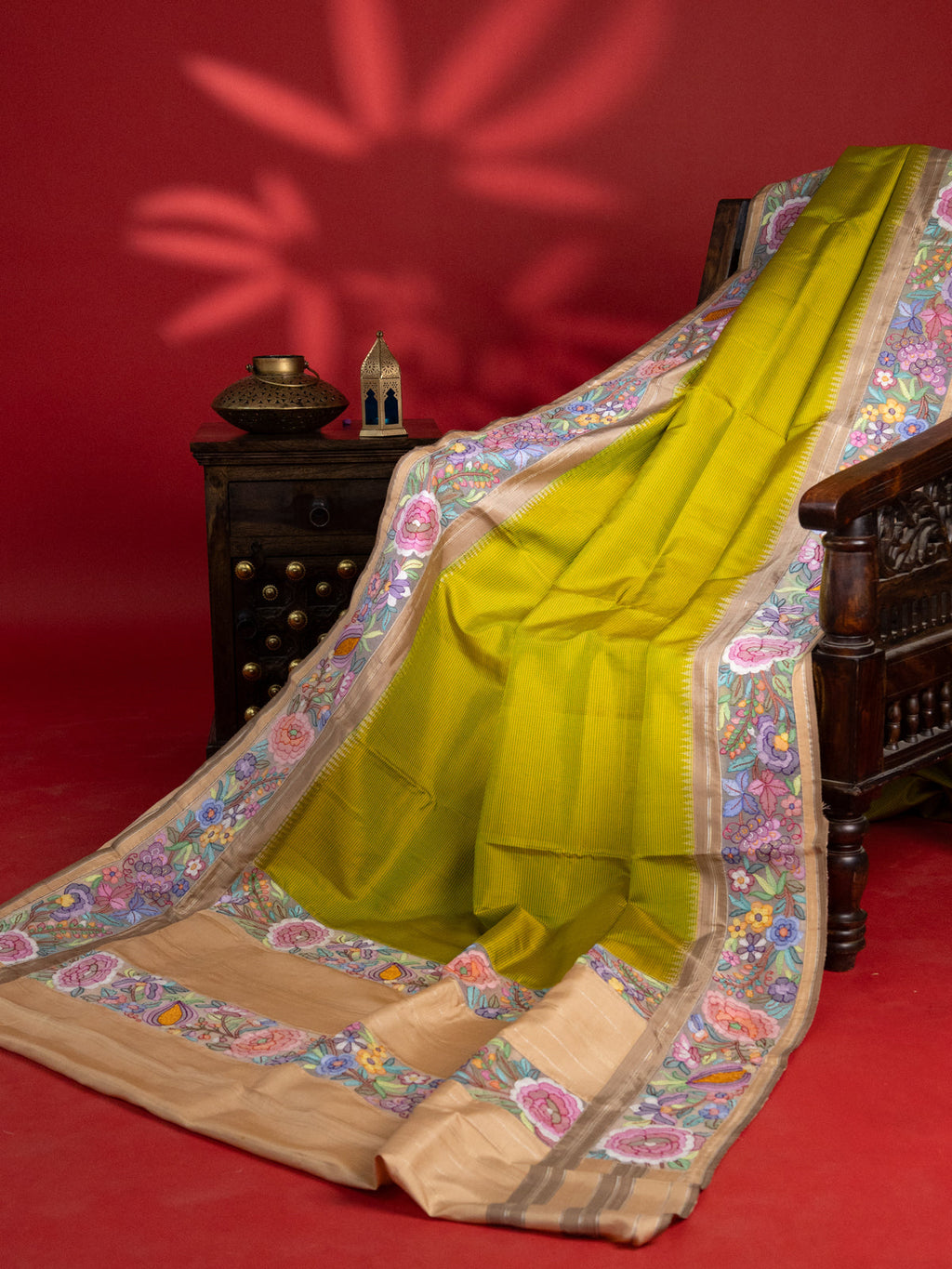 Lime Green -Beige Pure Kanchipuram Silk With Convent Embroidery