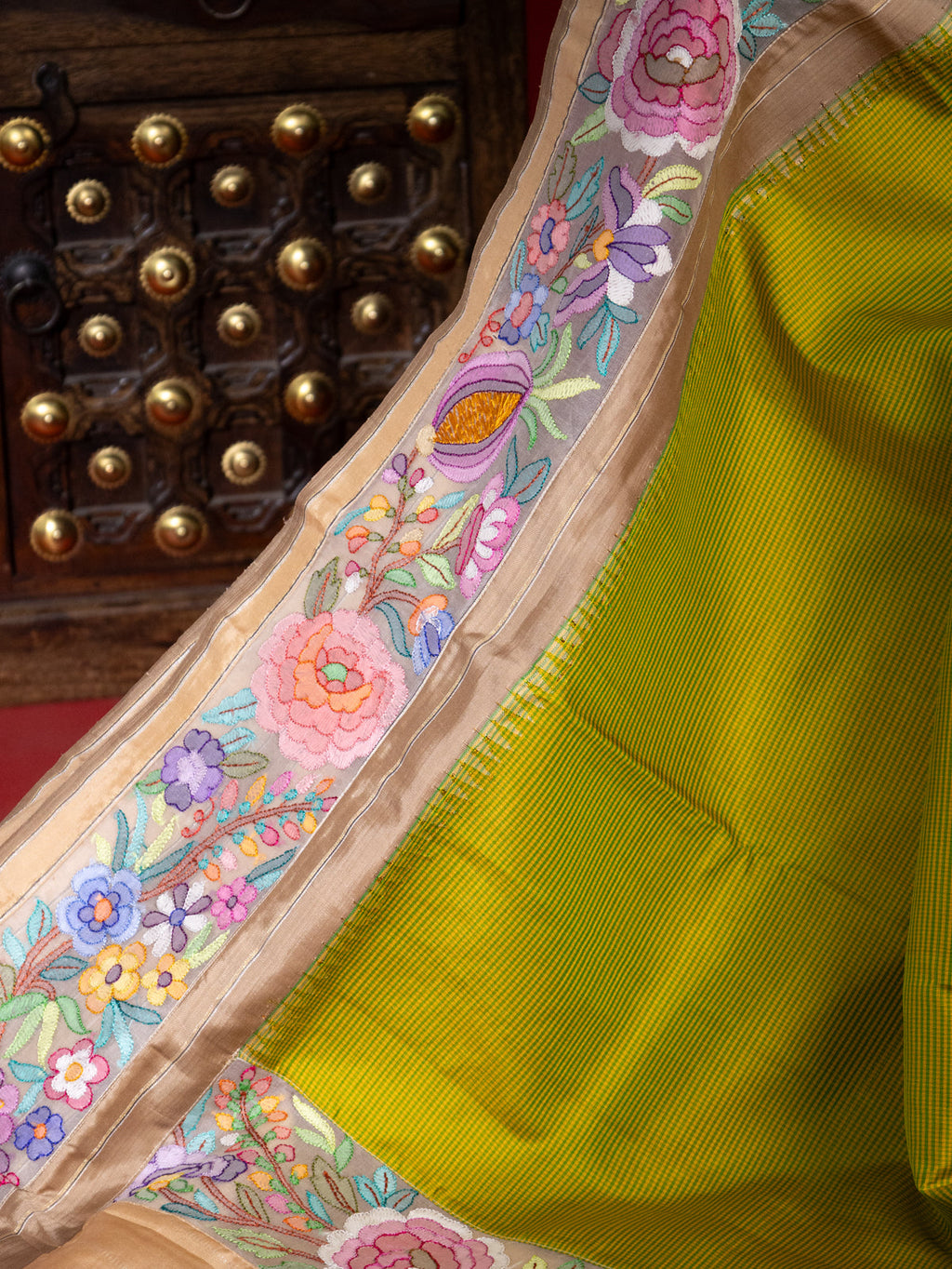 Lime Green -Beige Pure Kanchipuram Silk With Convent Embroidery