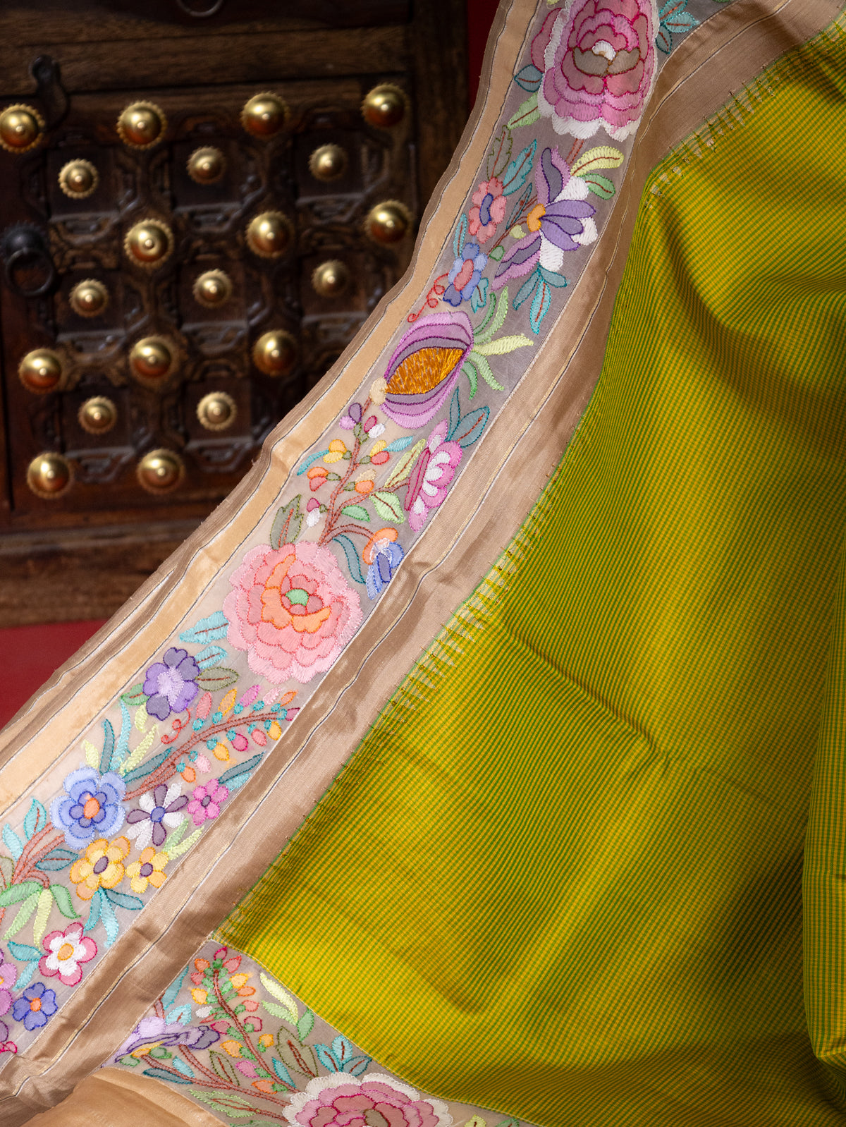 Lime Green -Beige Pure Kanchipuram Silk With Convent Embroidery