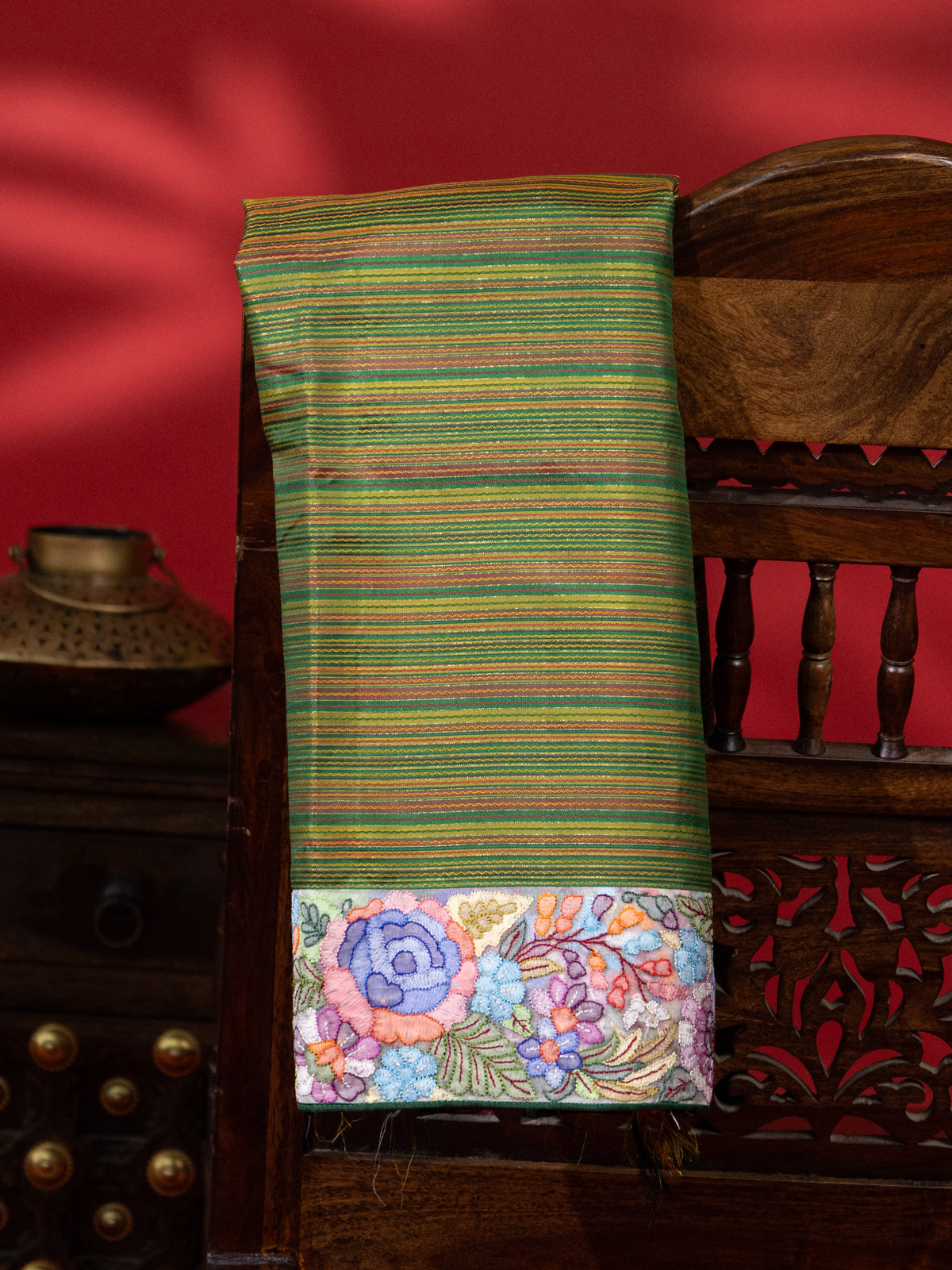 Mehendi Green Pure Kanchipuram Silk Multi Colour Stripes With Convent Embroidery