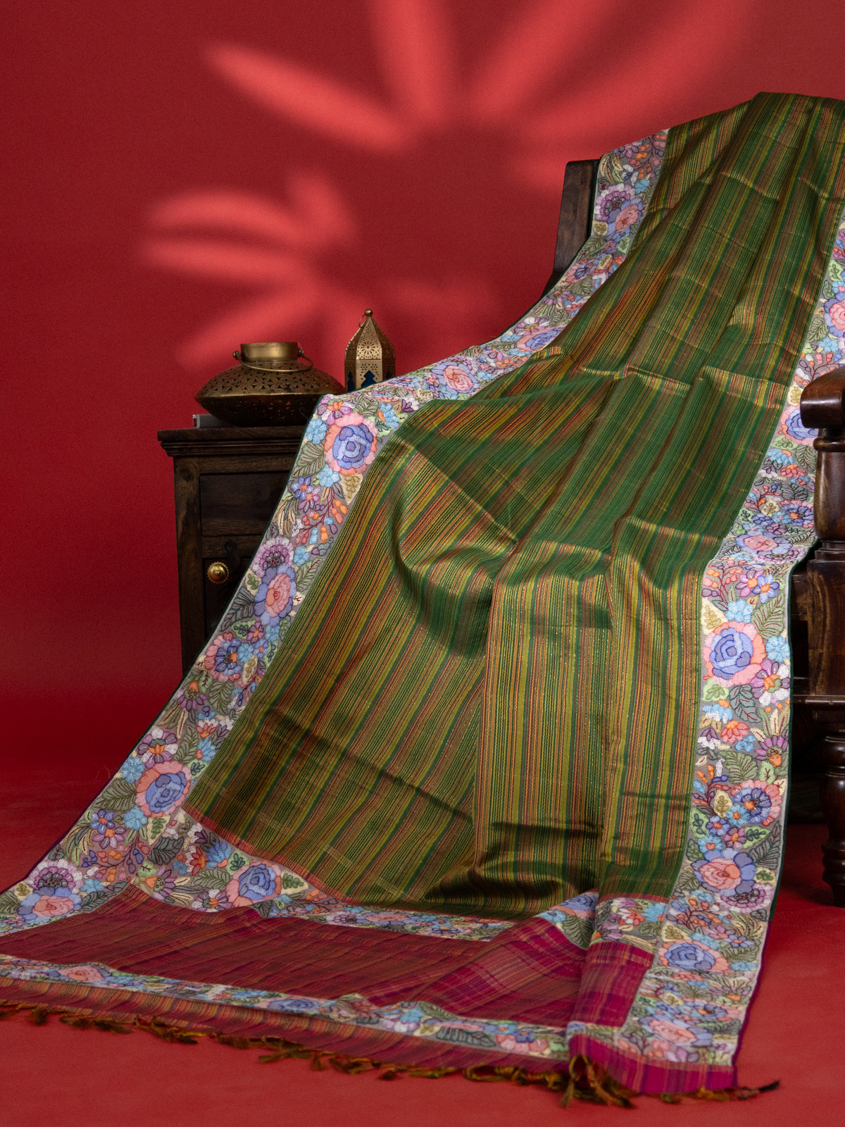 Mehendi Green Pure Kanchipuram Silk Multi Colour Stripes With Convent Embroidery