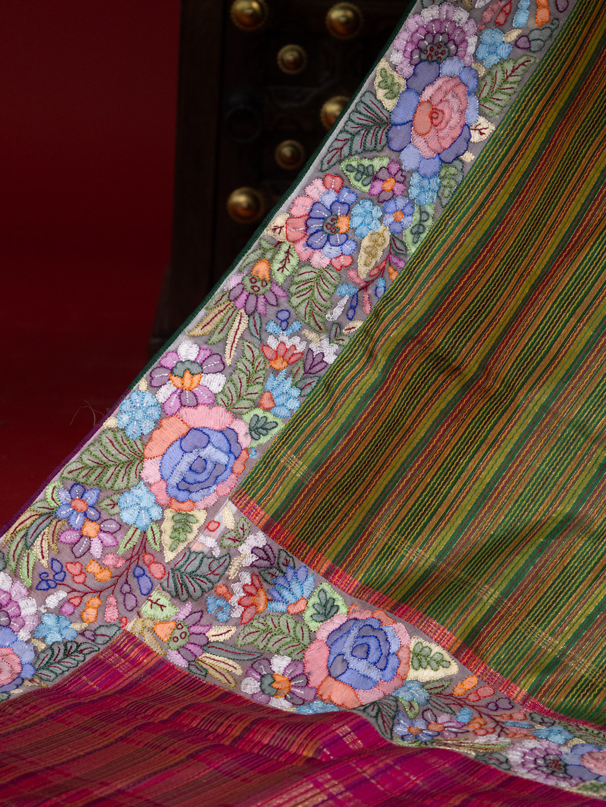 Mehendi Green Pure Kanchipuram Silk Multi Colour Stripes With Convent Embroidery