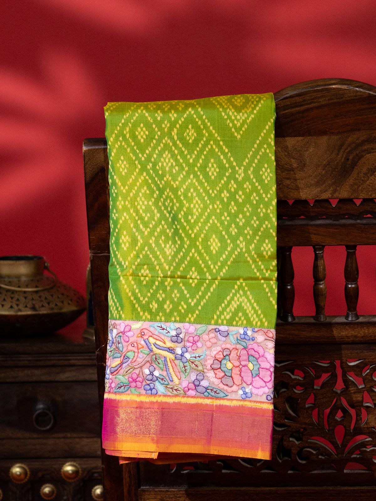 Light Green & Pink Rajkot Patola Silk Saree With Border Embroidery