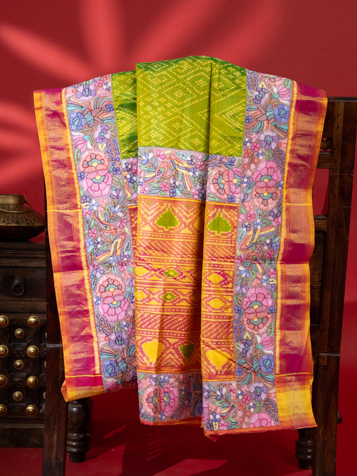 Light Green & Pink Rajkot Patola Silk Saree With Border Embroidery