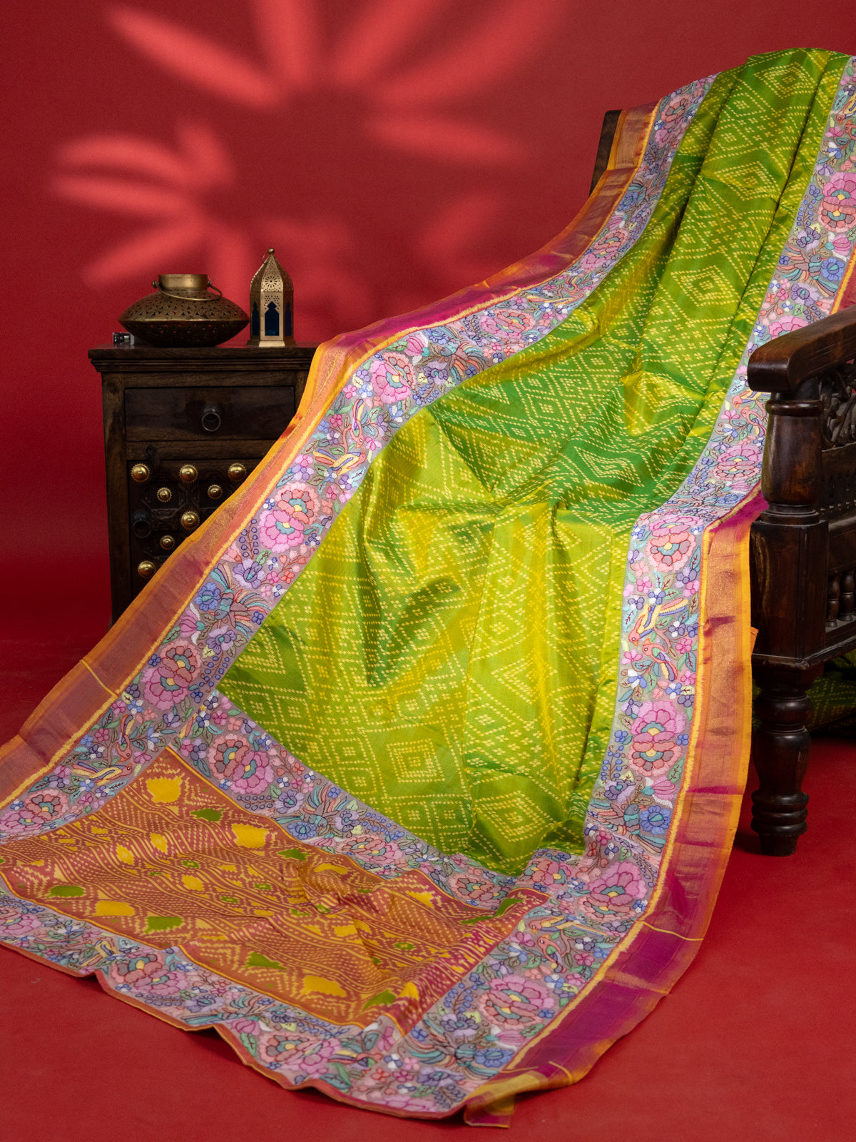 Light Green & Pink Rajkot Patola Silk Saree With Border Embroidery