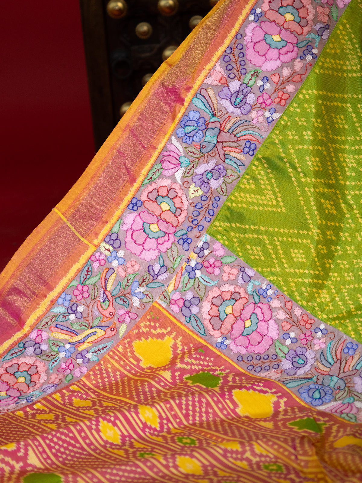 Light Green & Pink Rajkot Patola Silk Saree With Border Embroidery