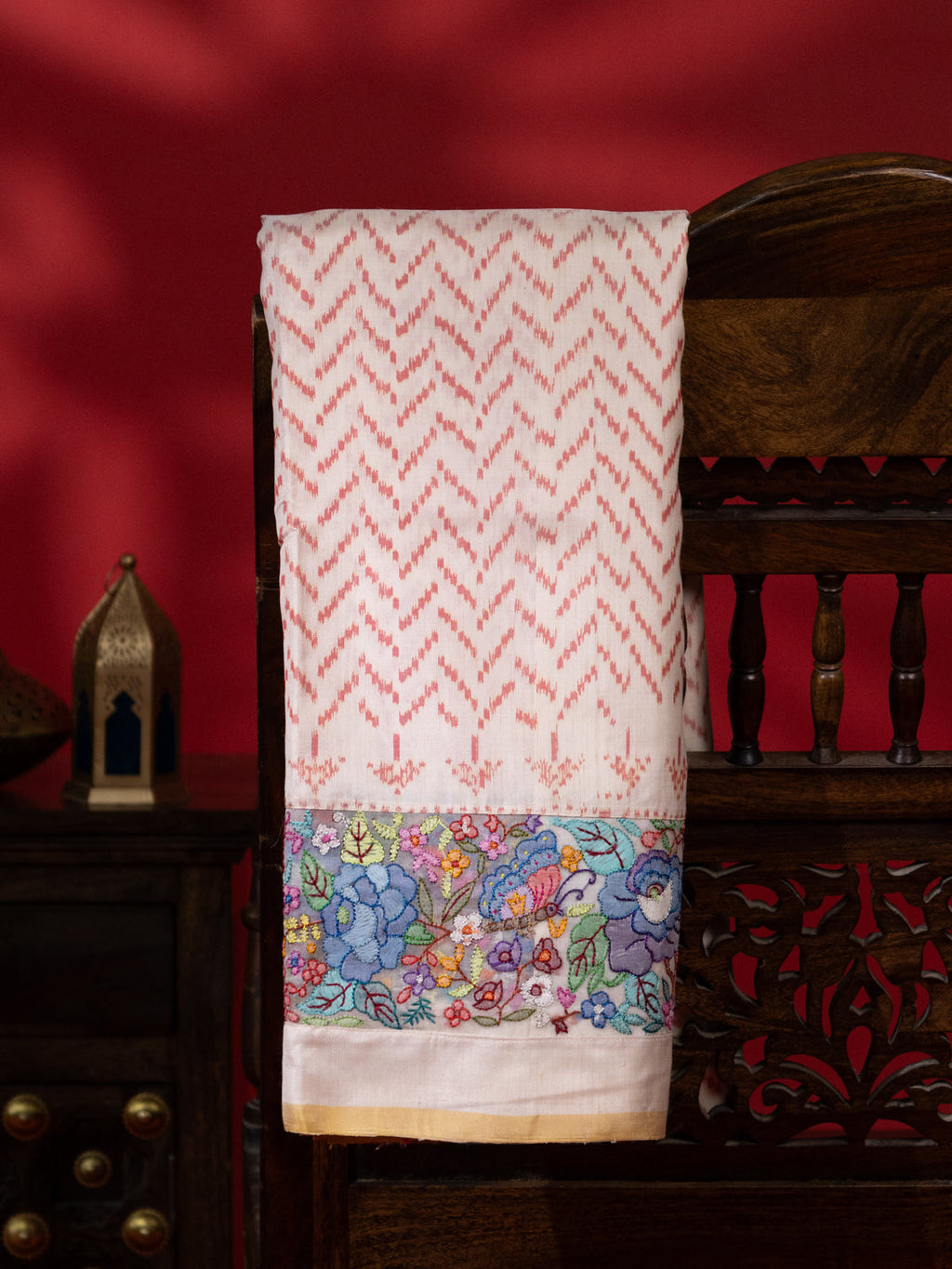 Off White Rajkot Patola Silk Saree With Border Embroidery