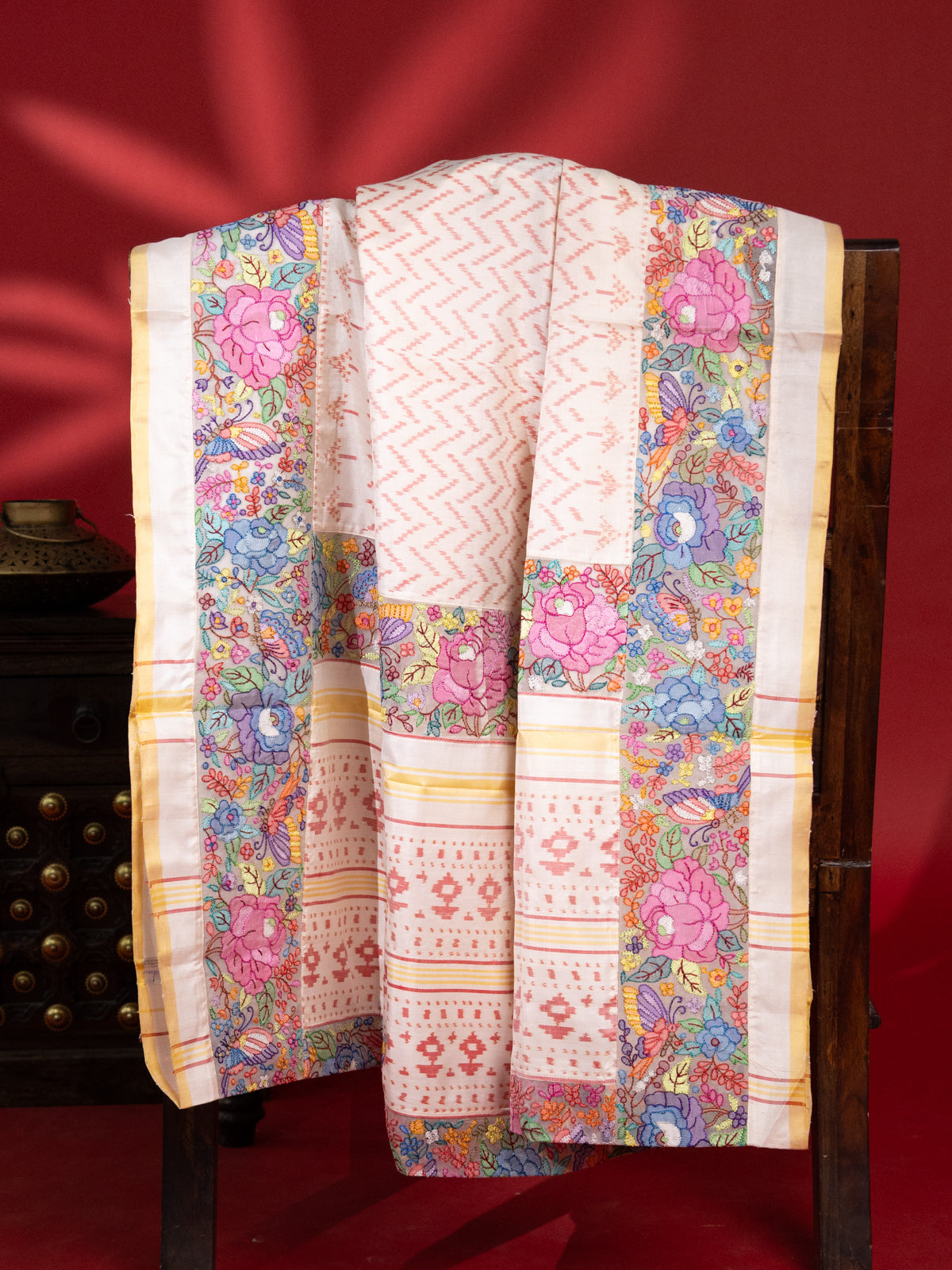 Off White Rajkot Patola Silk Saree With Border Embroidery