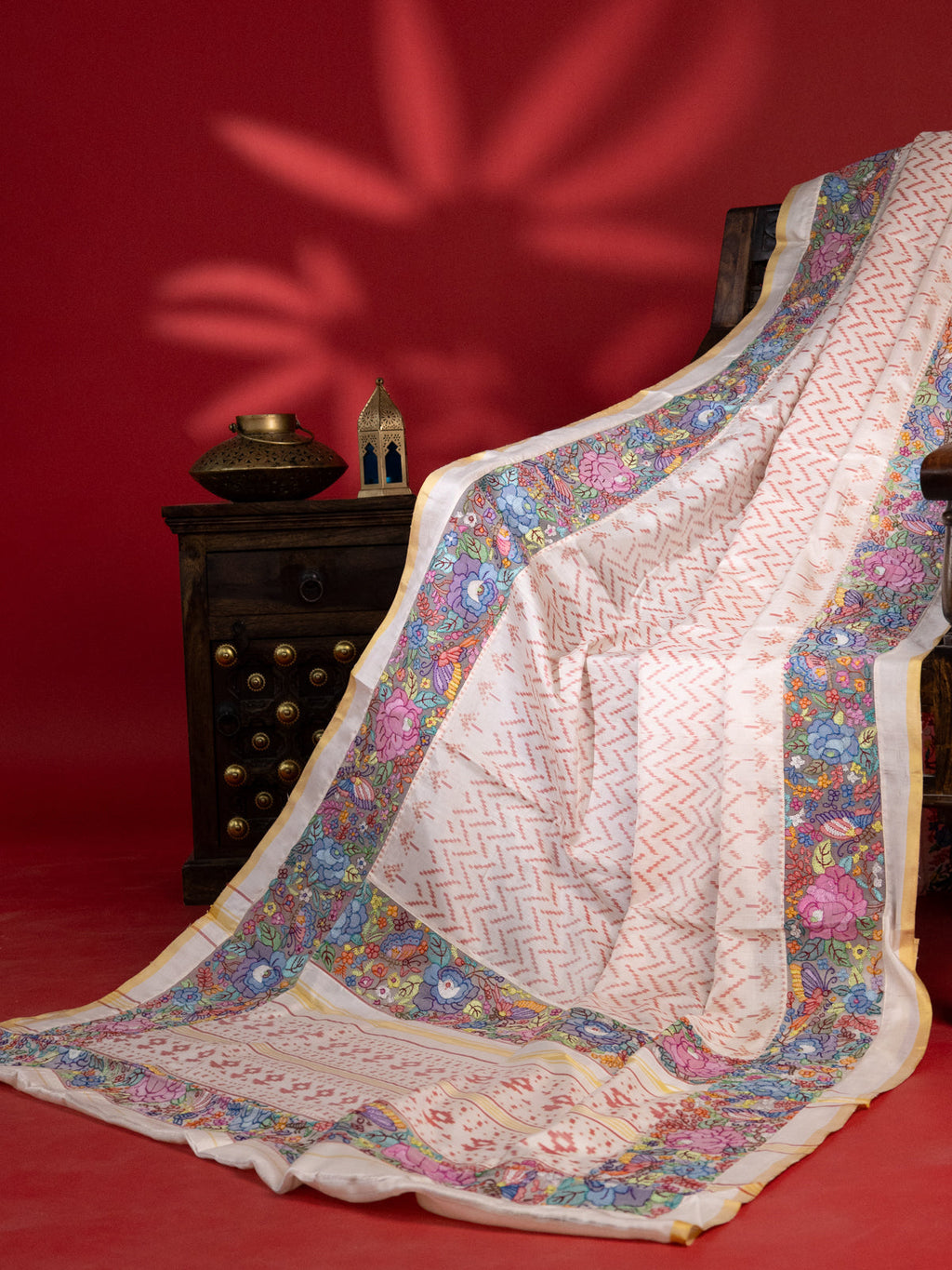 Off White Rajkot Patola Silk Saree With Border Embroidery