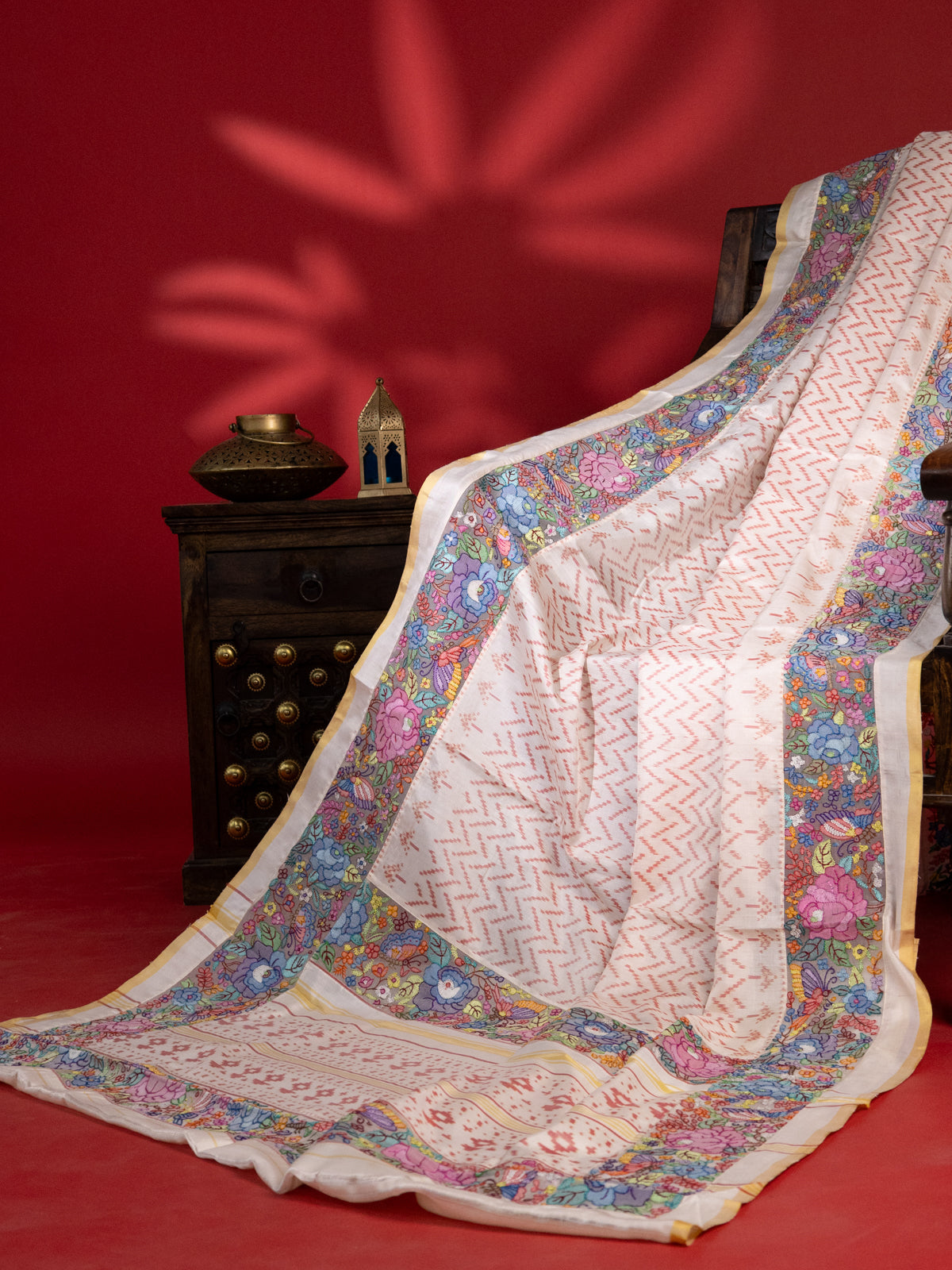 Off White Rajkot Patola Silk Saree With Border Embroidery