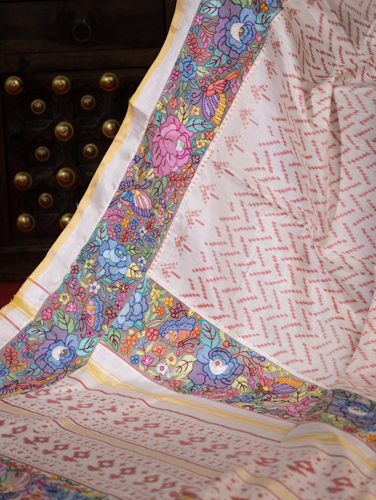 Off White Rajkot Patola Silk Saree With Border Embroidery
