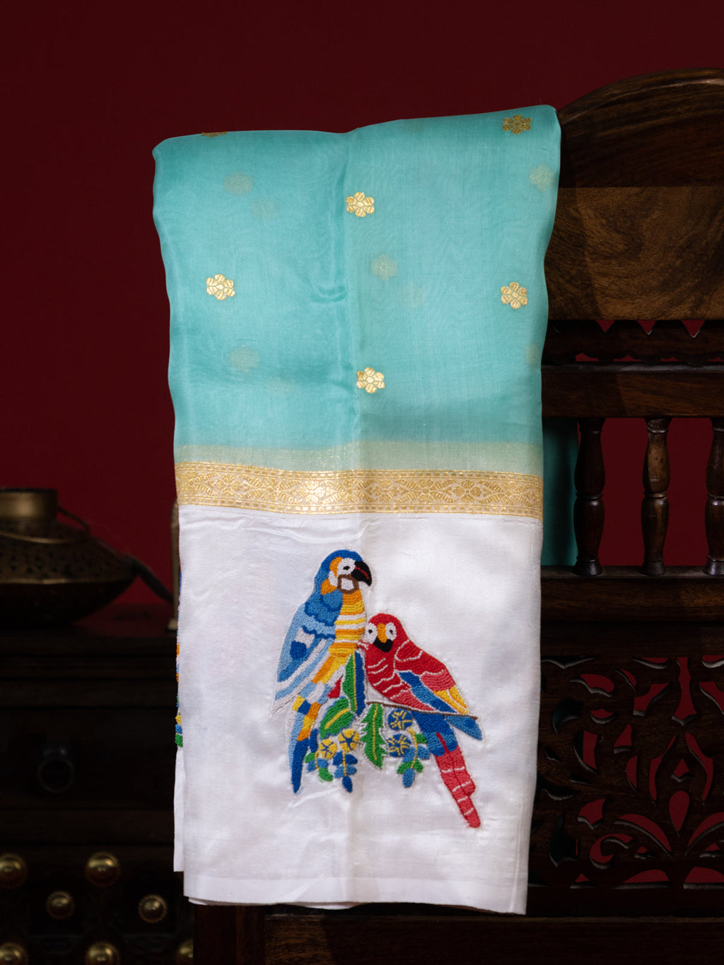 Teal Green & Off White Organza Silk Saree With Petit Point Embroidery
