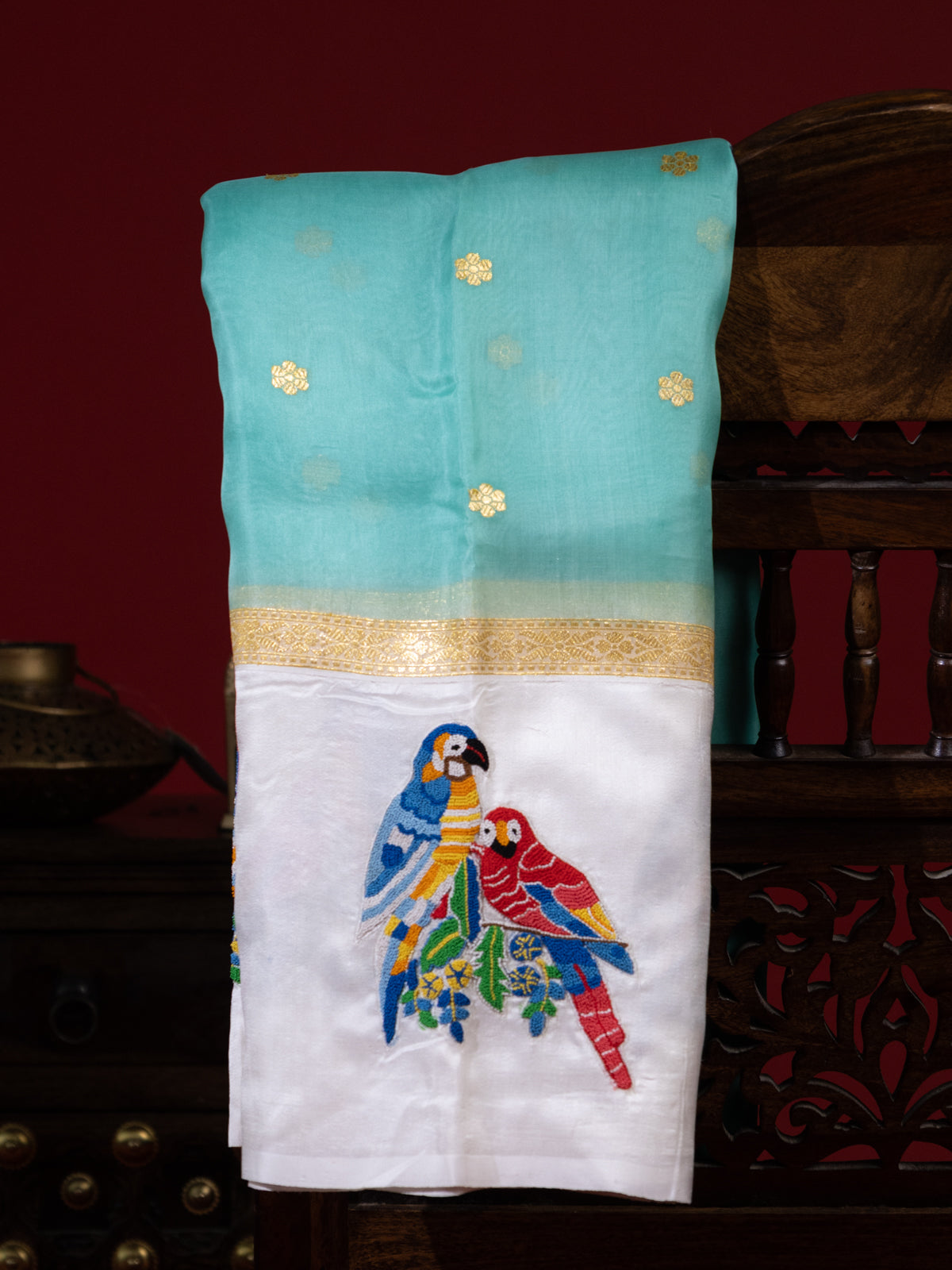 Teal Green & Off White Organza Silk Saree With Petit Point Embroidery