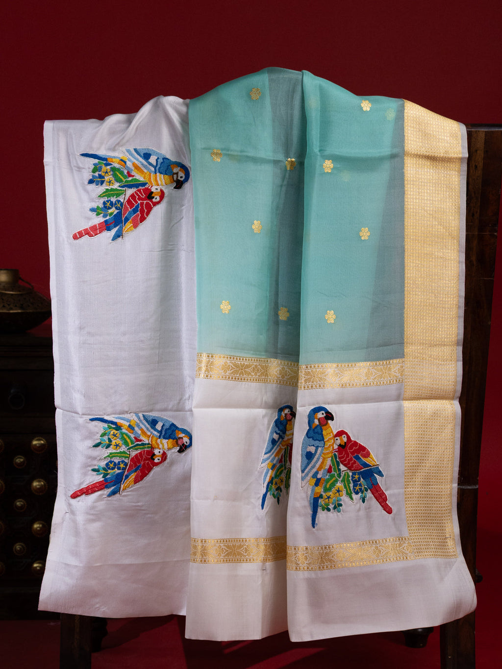 Teal Green & Off White Organza Silk Saree With Petit Point Embroidery