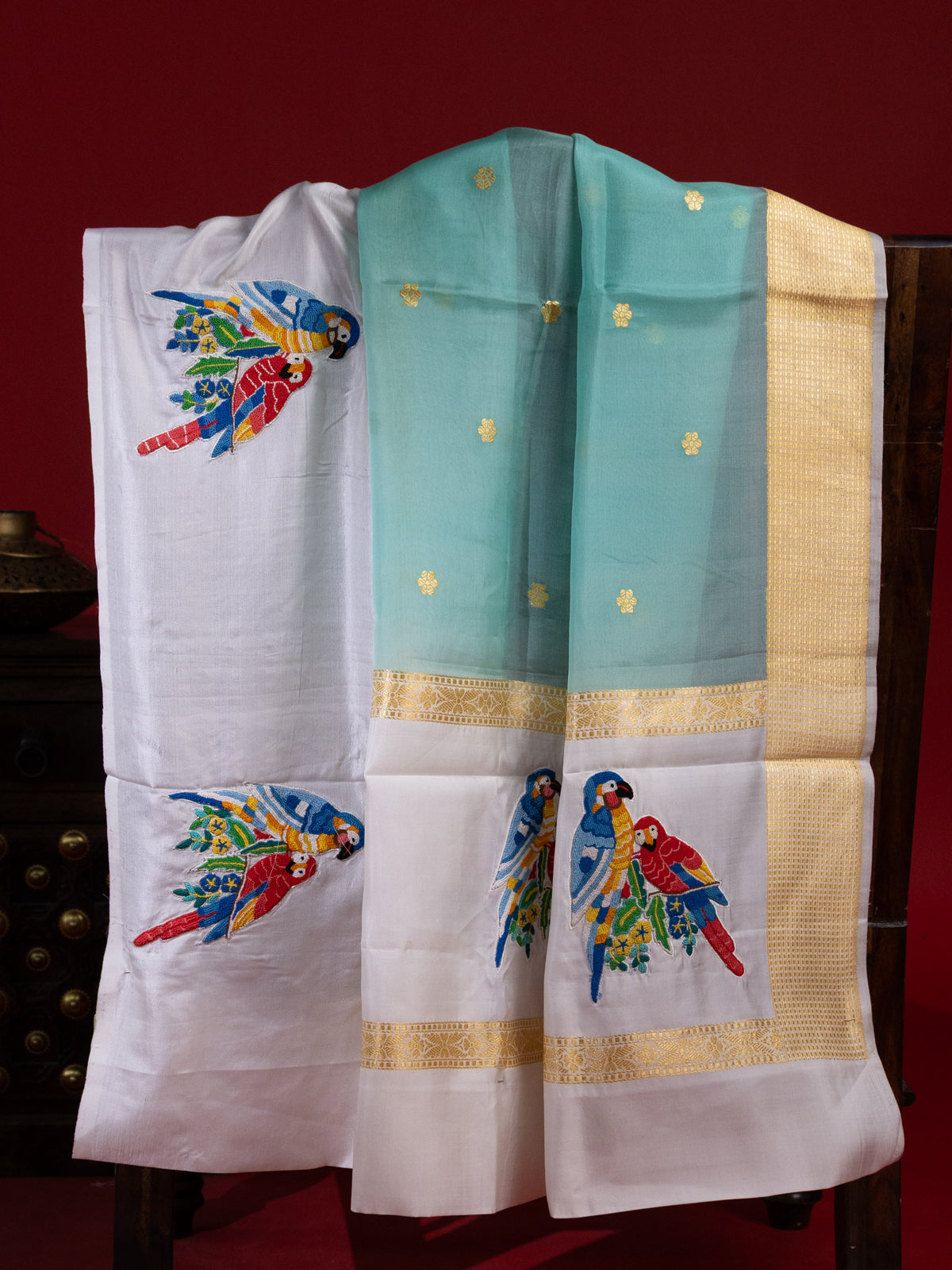 Teal Green & Off White Organza Silk Saree With Petit Point Embroidery