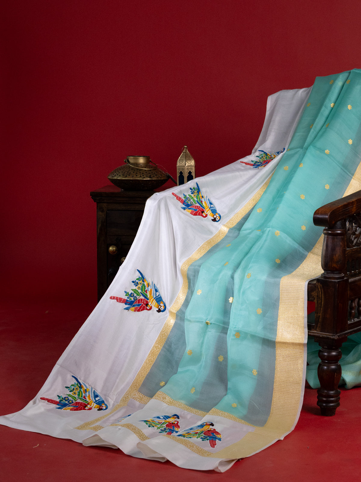 Teal Green & Off White Organza Silk Saree With Petit Point Embroidery