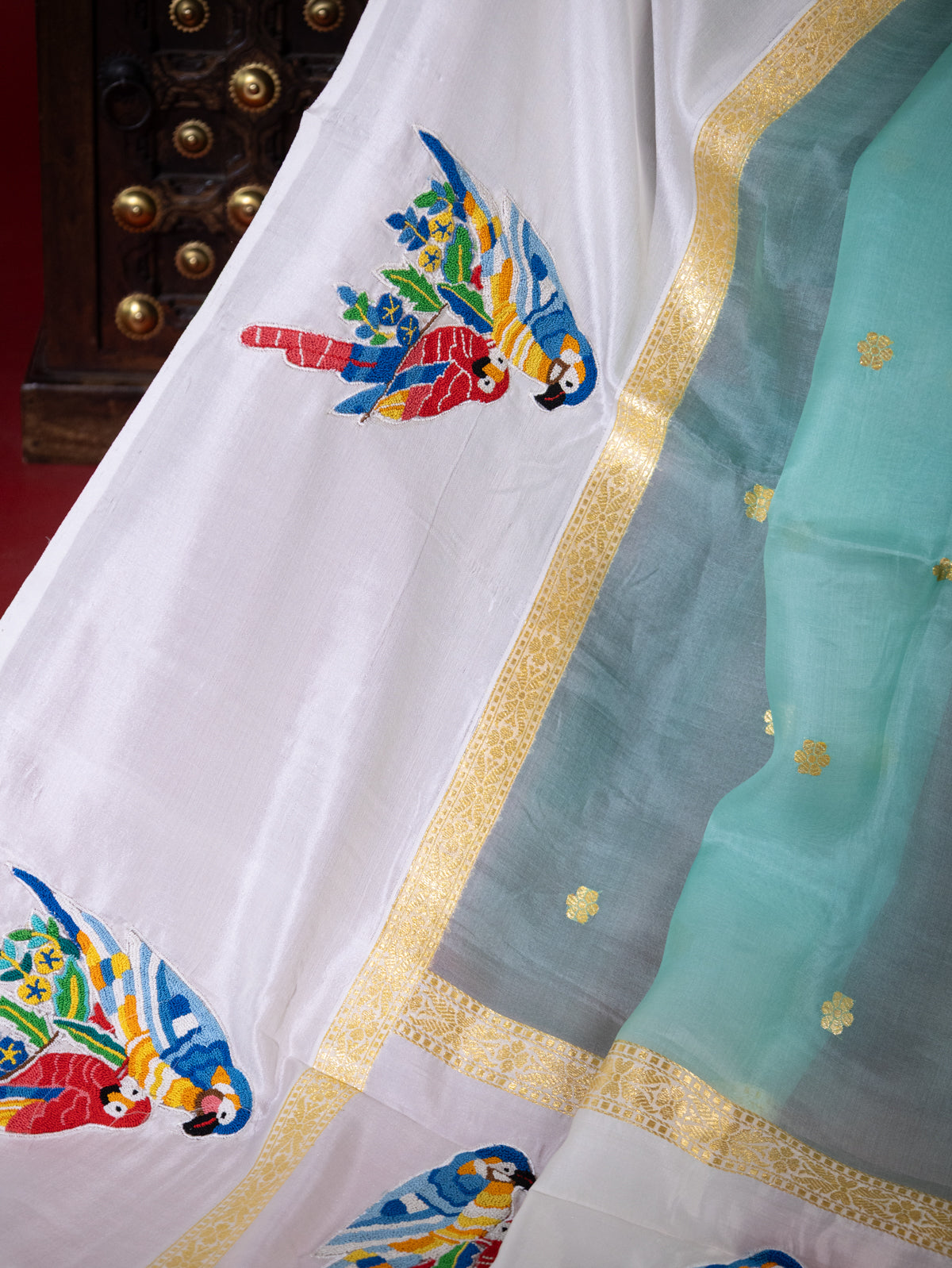 Teal Green & Off White Organza Silk Saree With Petit Point Embroidery