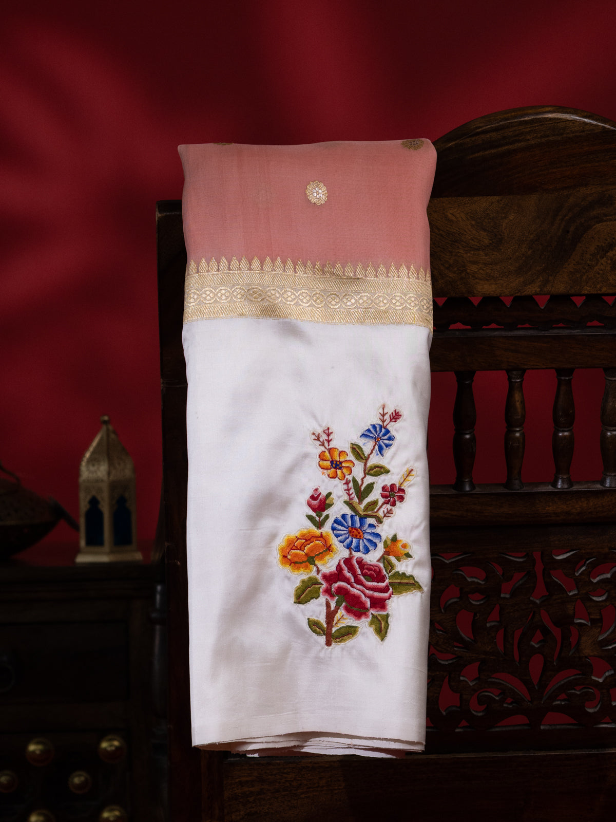 Peach Pink & Off White Organza Silk Saree With Petit Point Embroidery