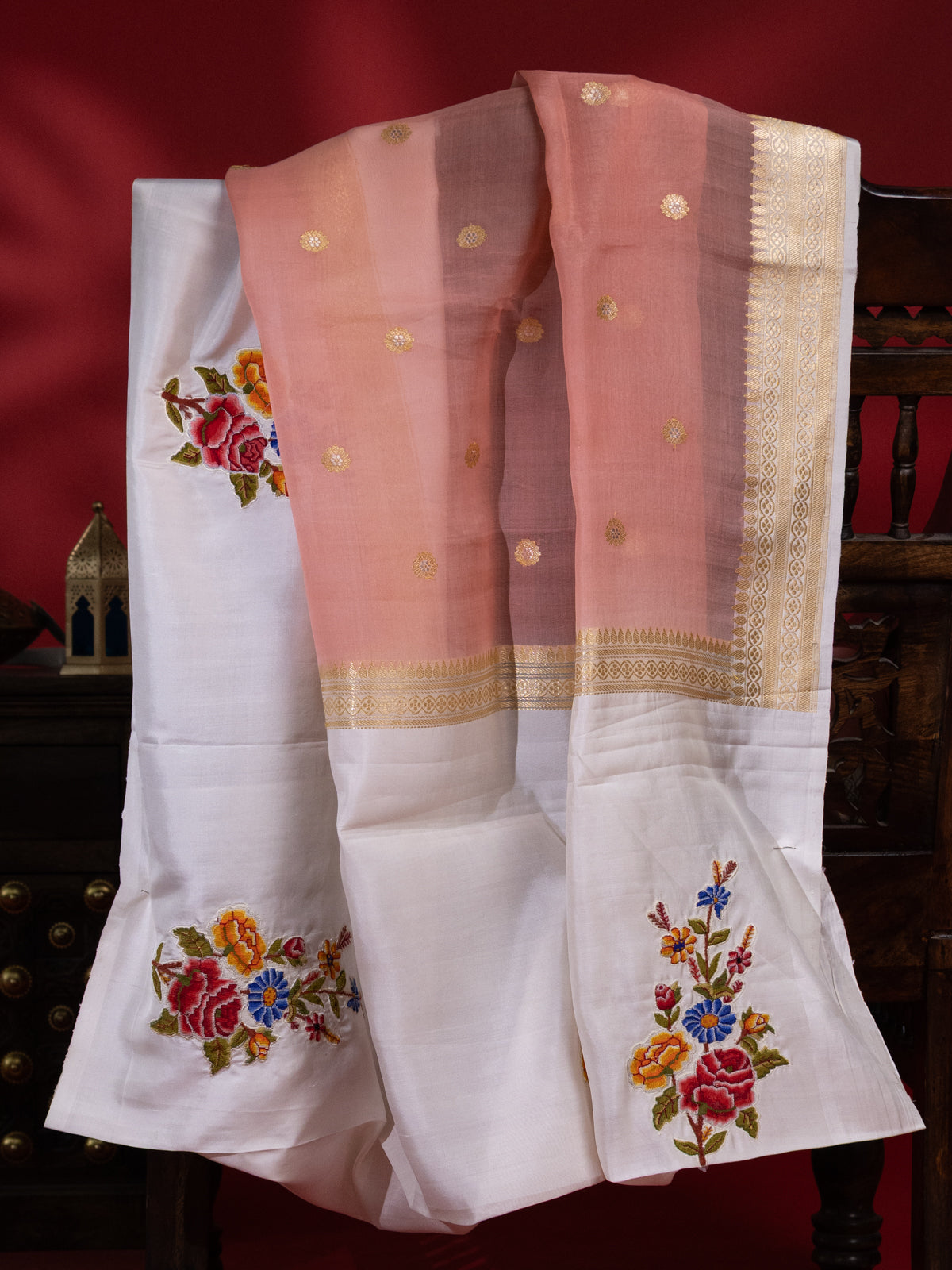 Peach Pink & Off White Organza Silk Saree With Petit Point Embroidery