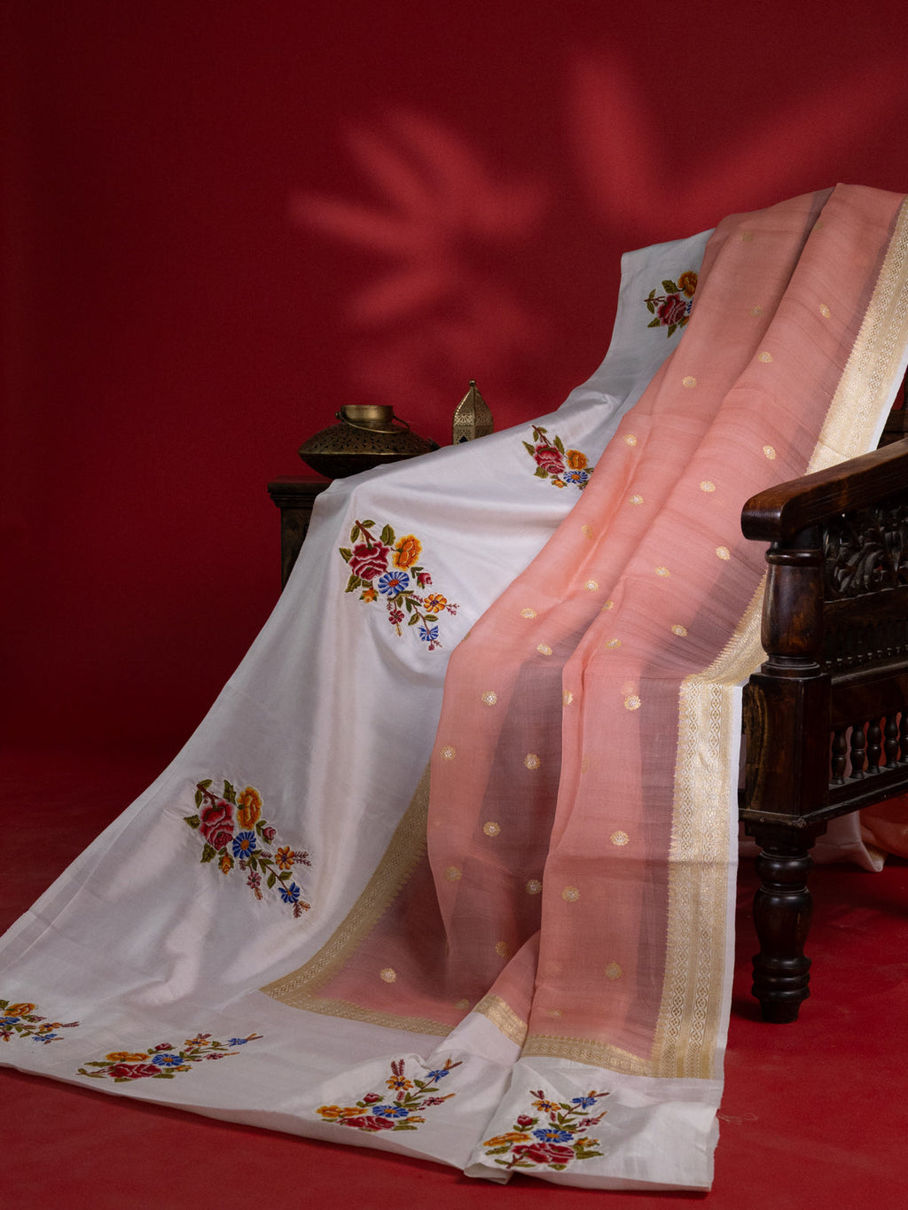 Peach Pink & Off White Organza Silk Saree With Petit Point Embroidery