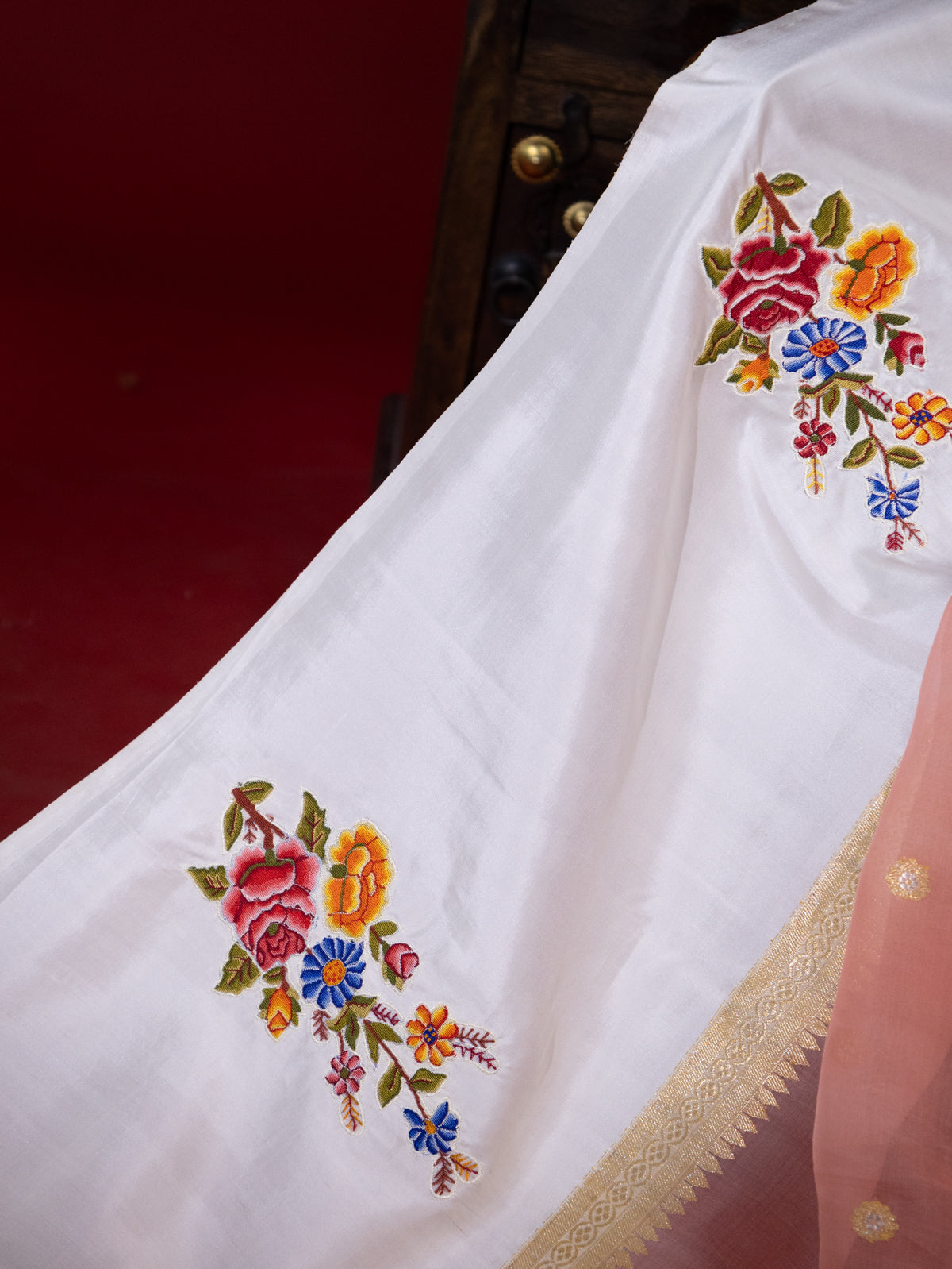 Peach Pink & Off White Organza Silk Saree With Petit Point Embroidery