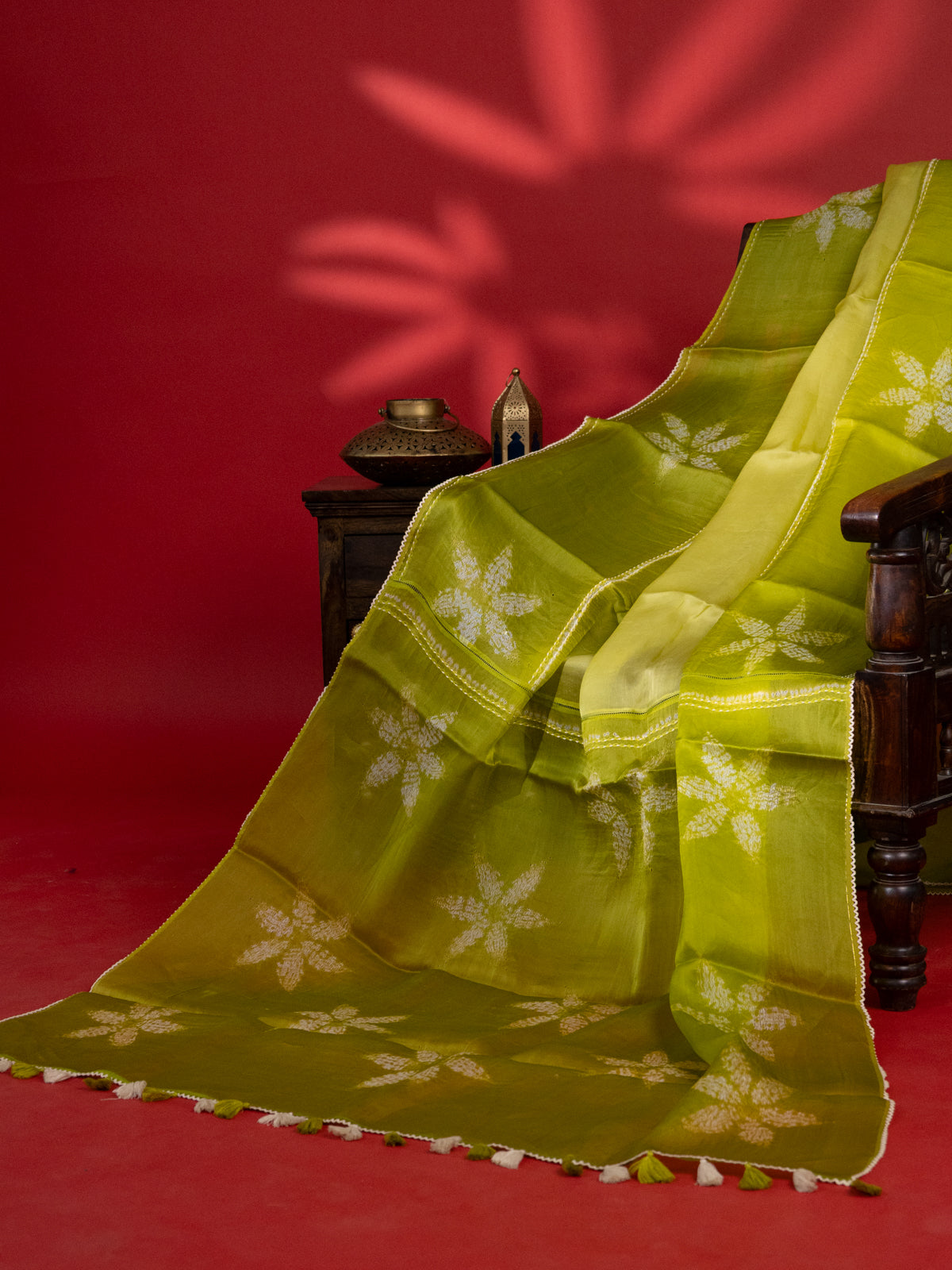 Light Green Organza Silk Saree With Shibori Prints