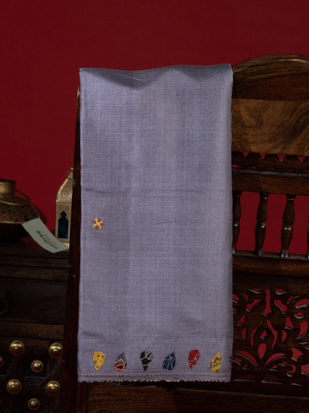Grey Tussar Silk Saree With Applique Work