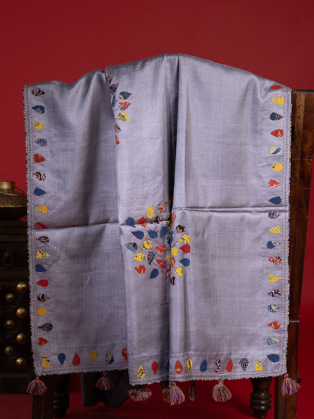 Grey Tussar Silk Saree With Applique Work