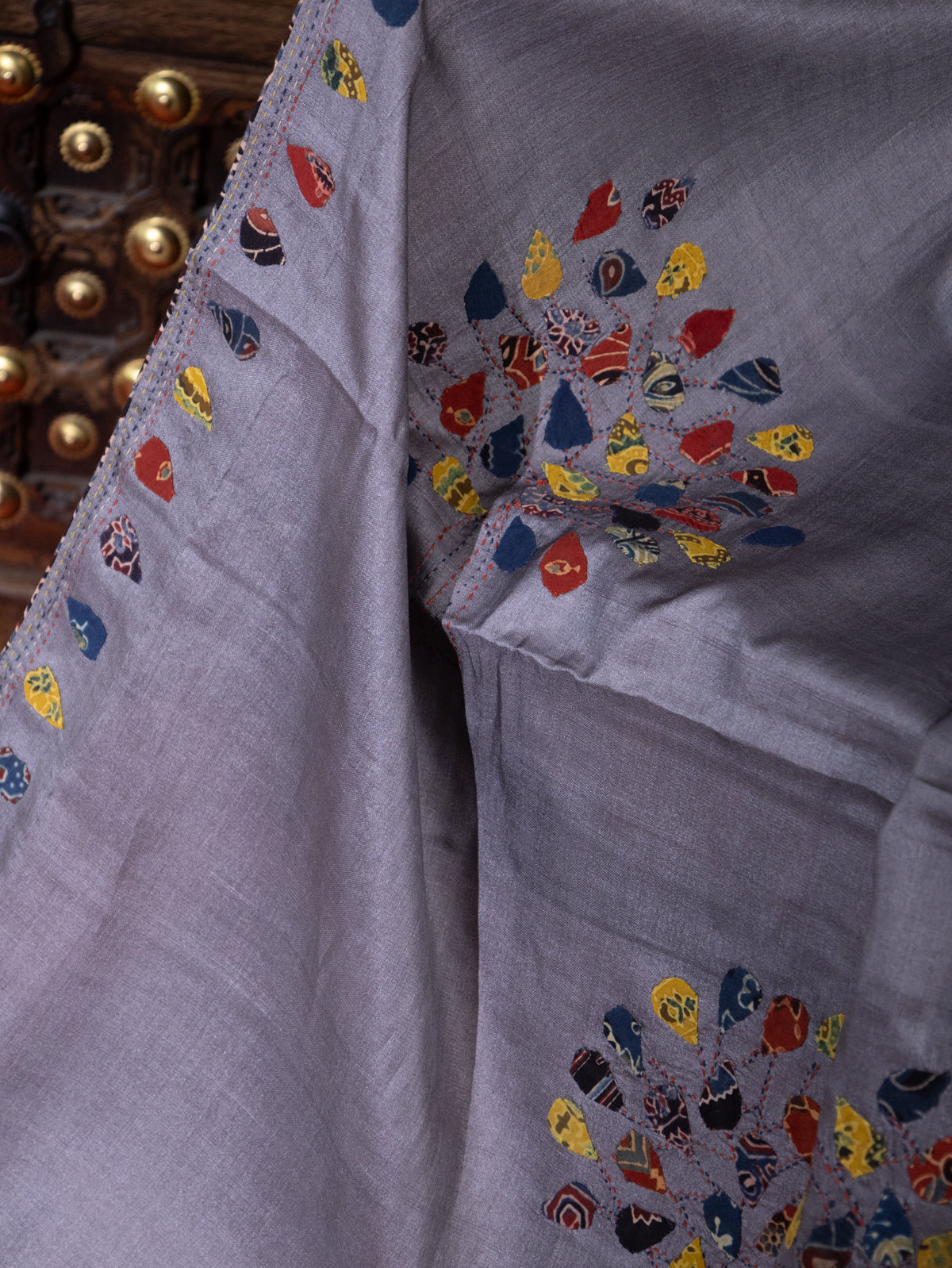 Grey Tussar Silk Saree With Applique Work
