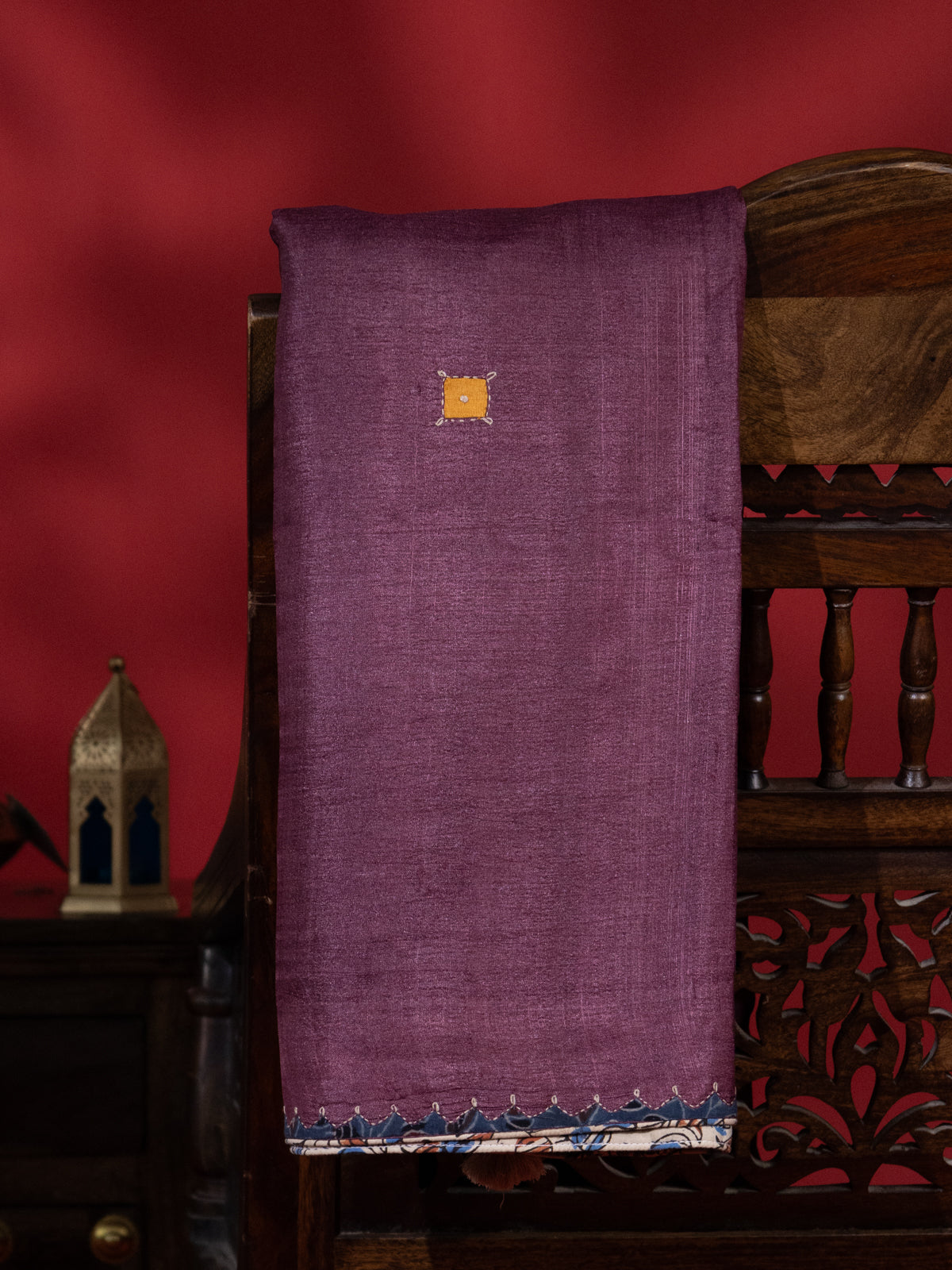 Wine Shade & Cream Tussar Silk Saree With Applique Work