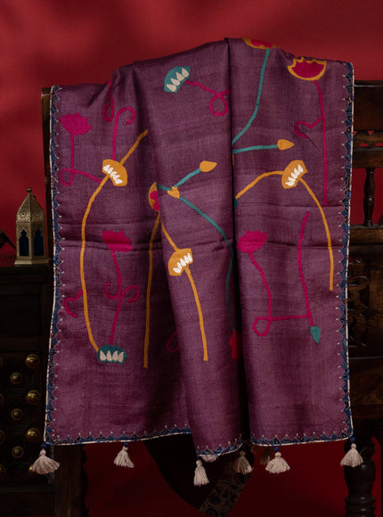 Wine Shade & Cream Tussar Silk Saree With Applique Work