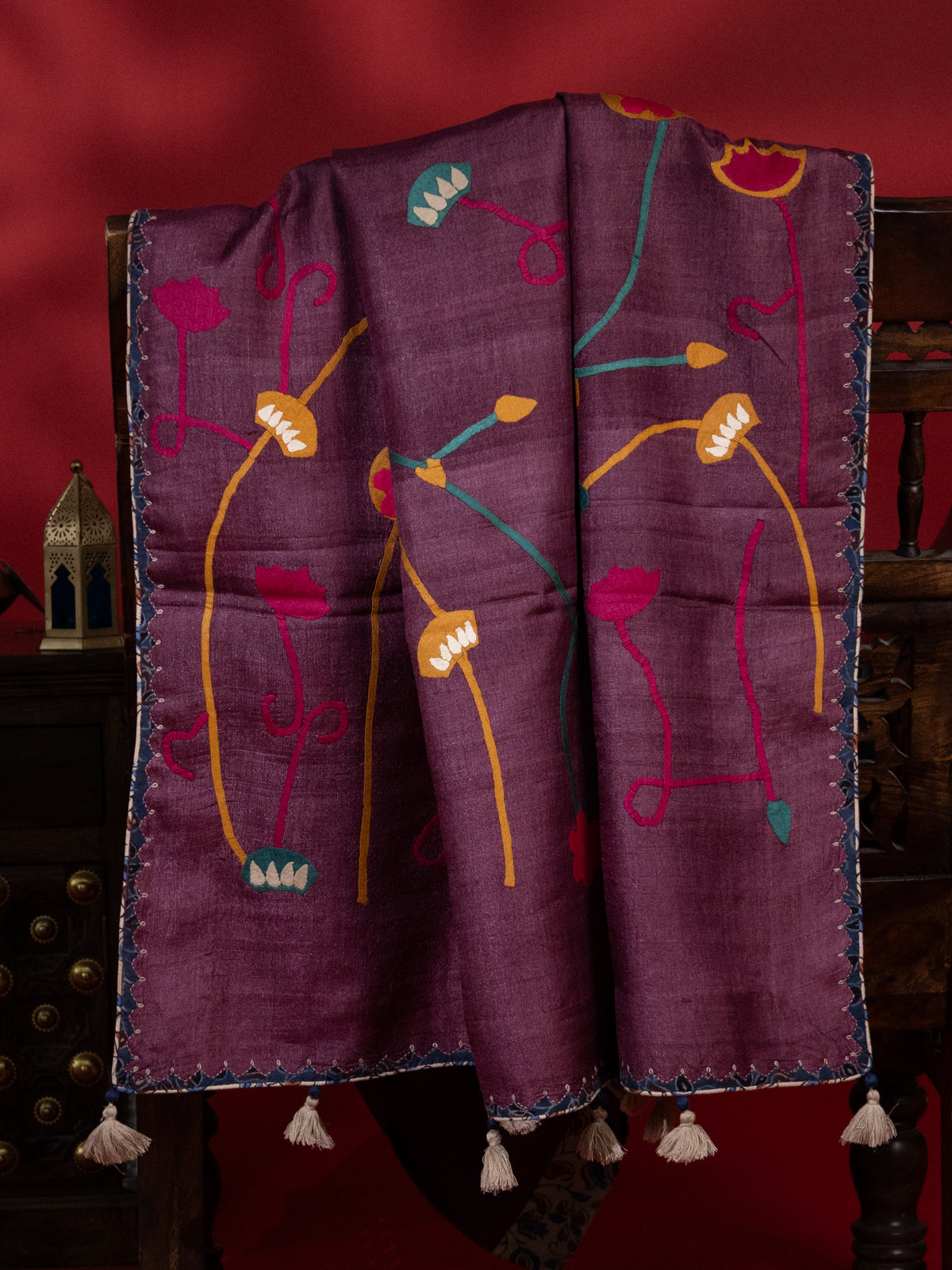 Wine Shade & Cream Tussar Silk Saree With Applique Work
