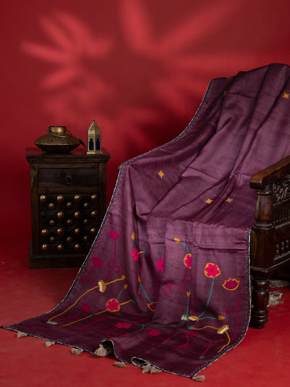 Wine Shade & Cream Tussar Silk Saree With Applique Work