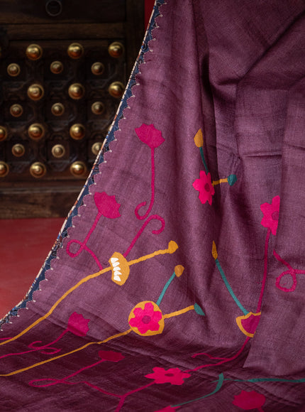 Wine Shade & Cream Tussar Silk Saree With Applique Work