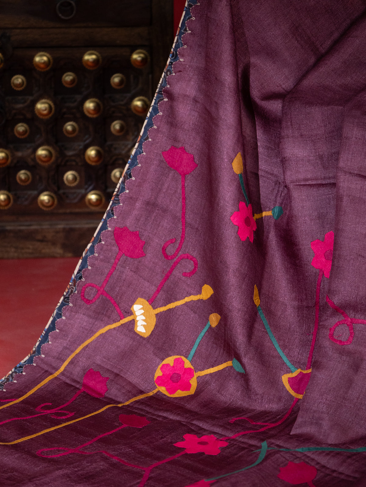 Wine Shade & Cream Tussar Silk Saree With Applique Work
