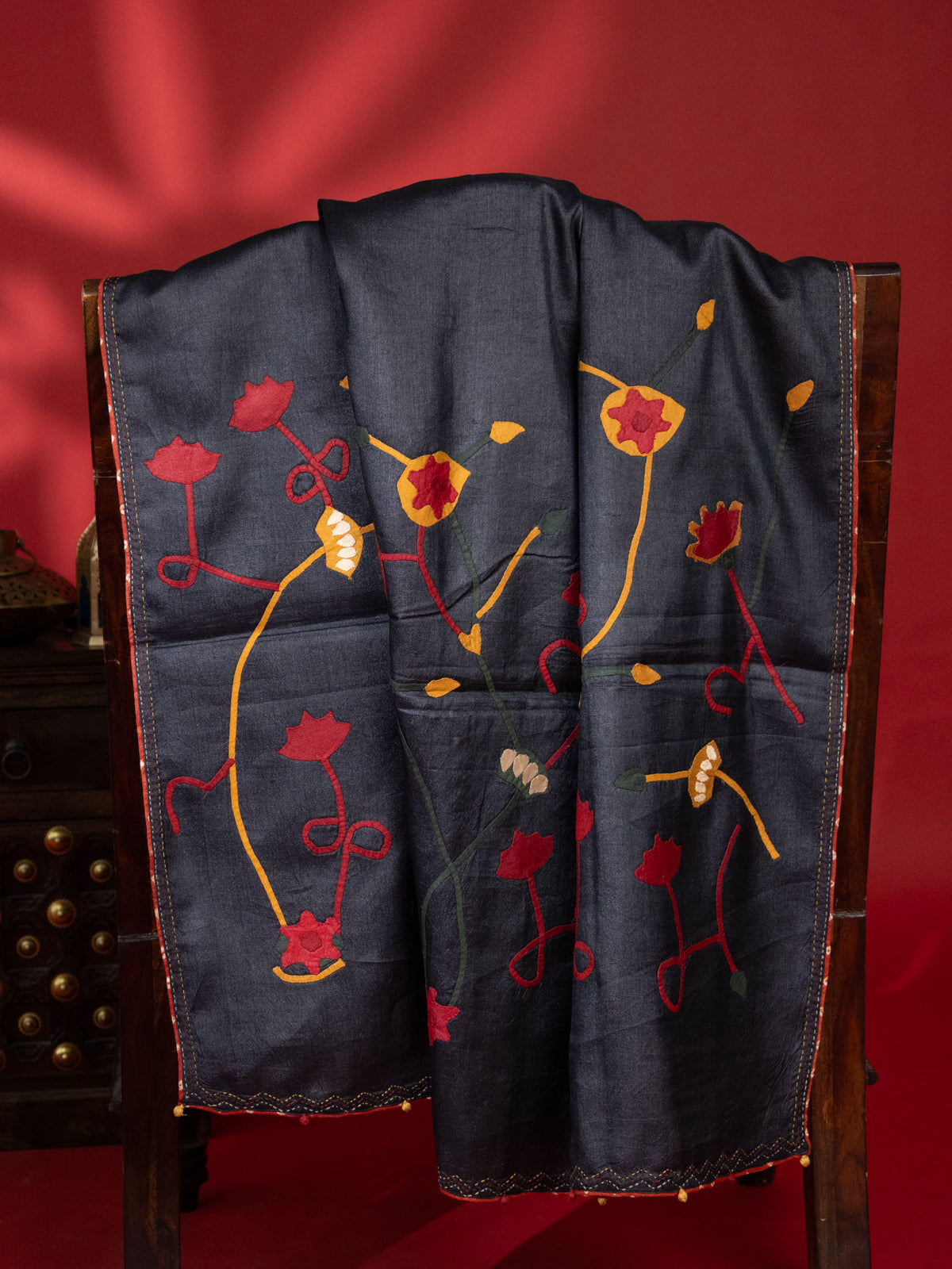 Elephant Grey Tussar Silk Saree With Applique Work