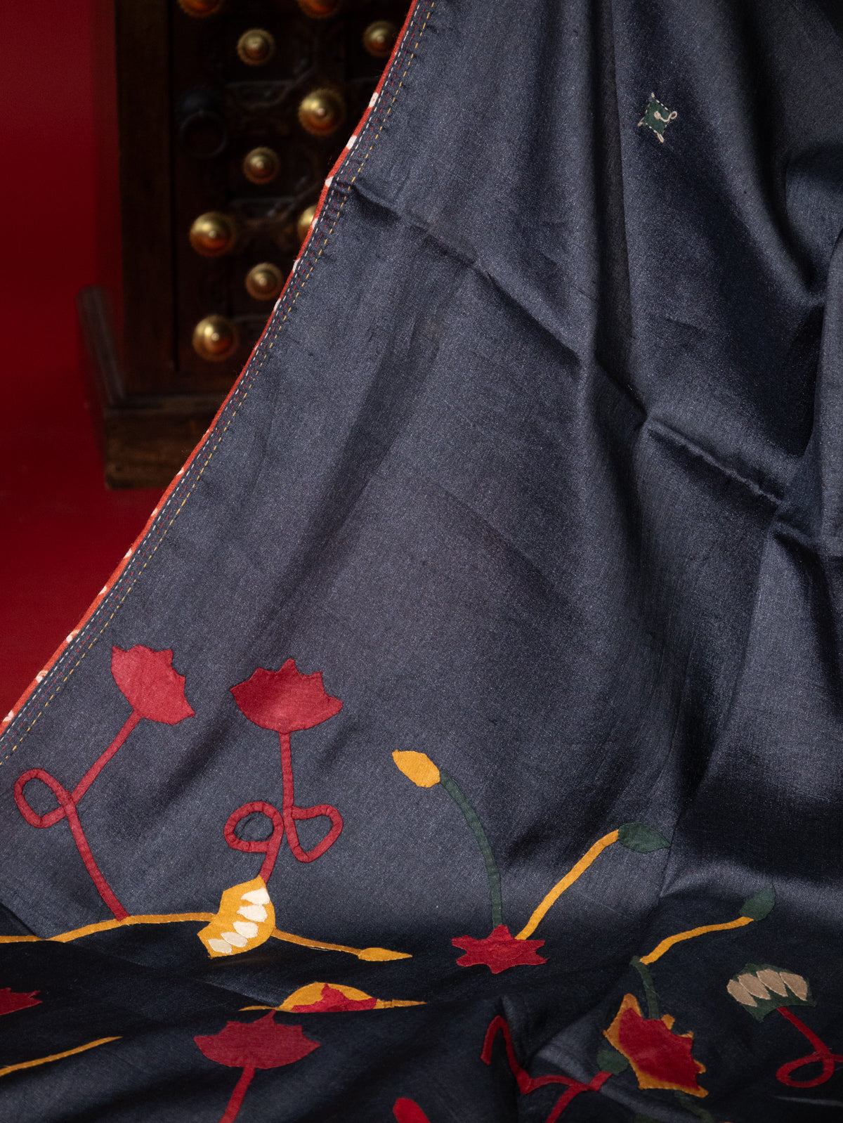 Elephant Grey Tussar Silk Saree With Applique Work