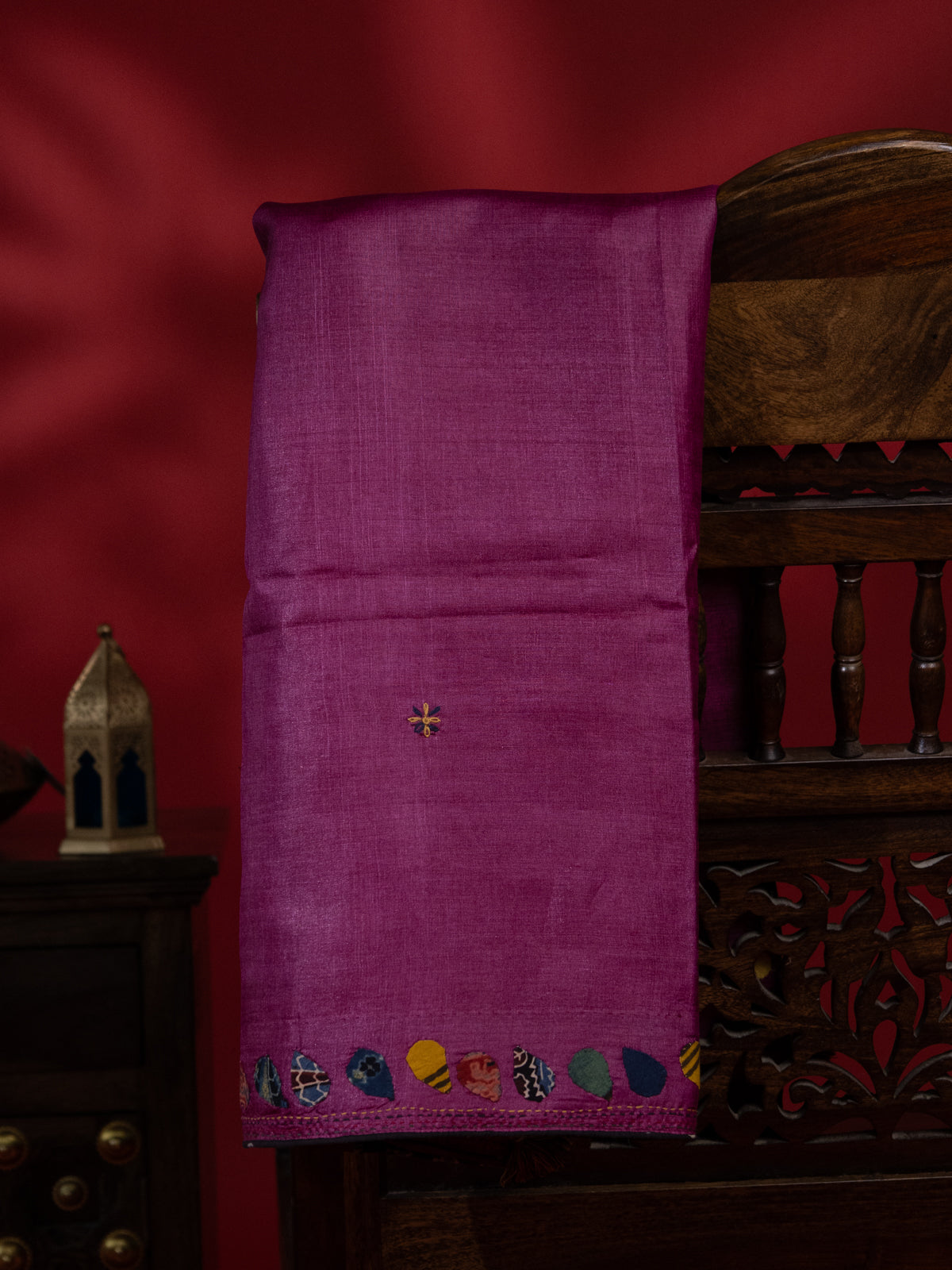 Dark Magenta Pink & Elephant Grey Tussar Silk Saree With Applique Work