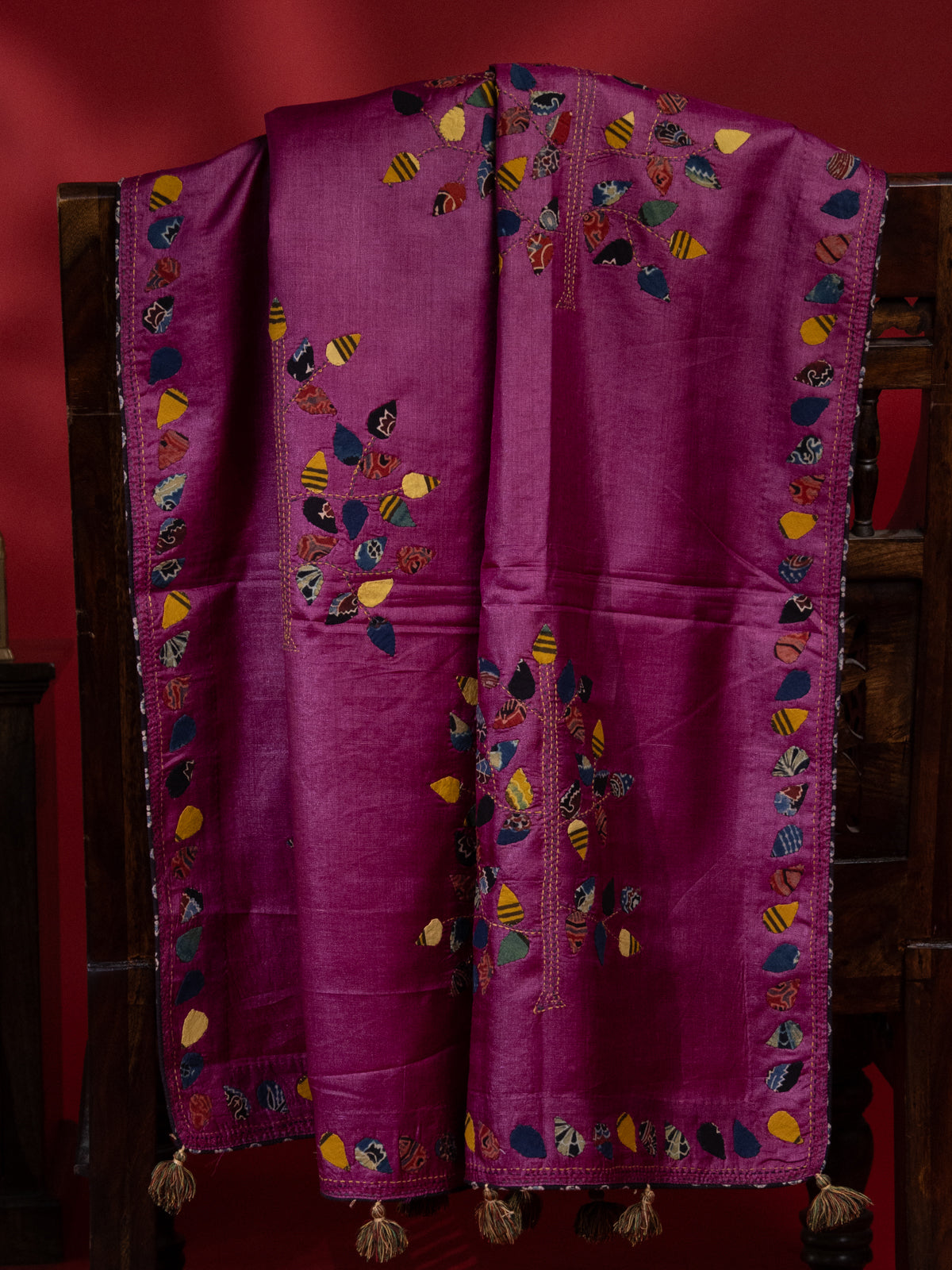 Dark Magenta Pink & Elephant Grey Tussar Silk Saree With Applique Work