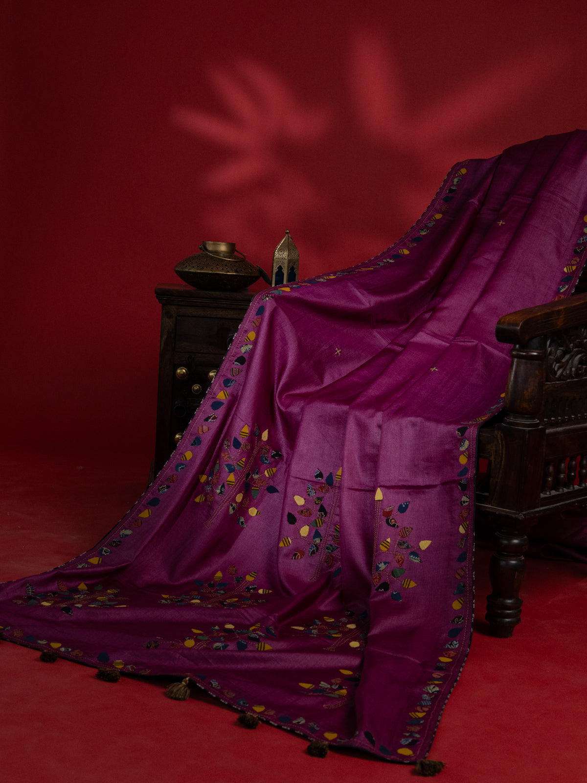 Dark Magenta Pink & Elephant Grey Tussar Silk Saree With Applique Work