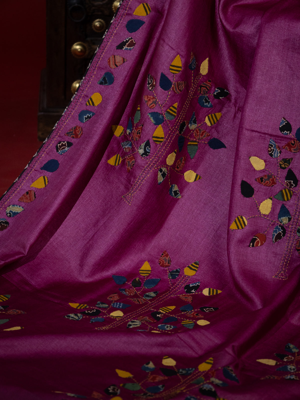 Dark Magenta Pink & Elephant Grey Tussar Silk Saree With Applique Work
