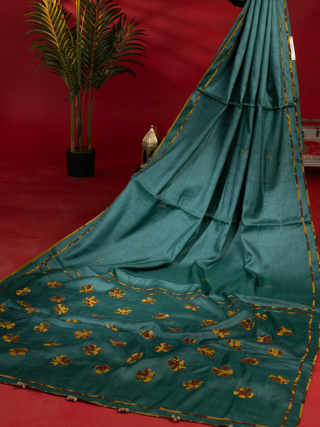 Green Tussar Silk Saree With Applique Work