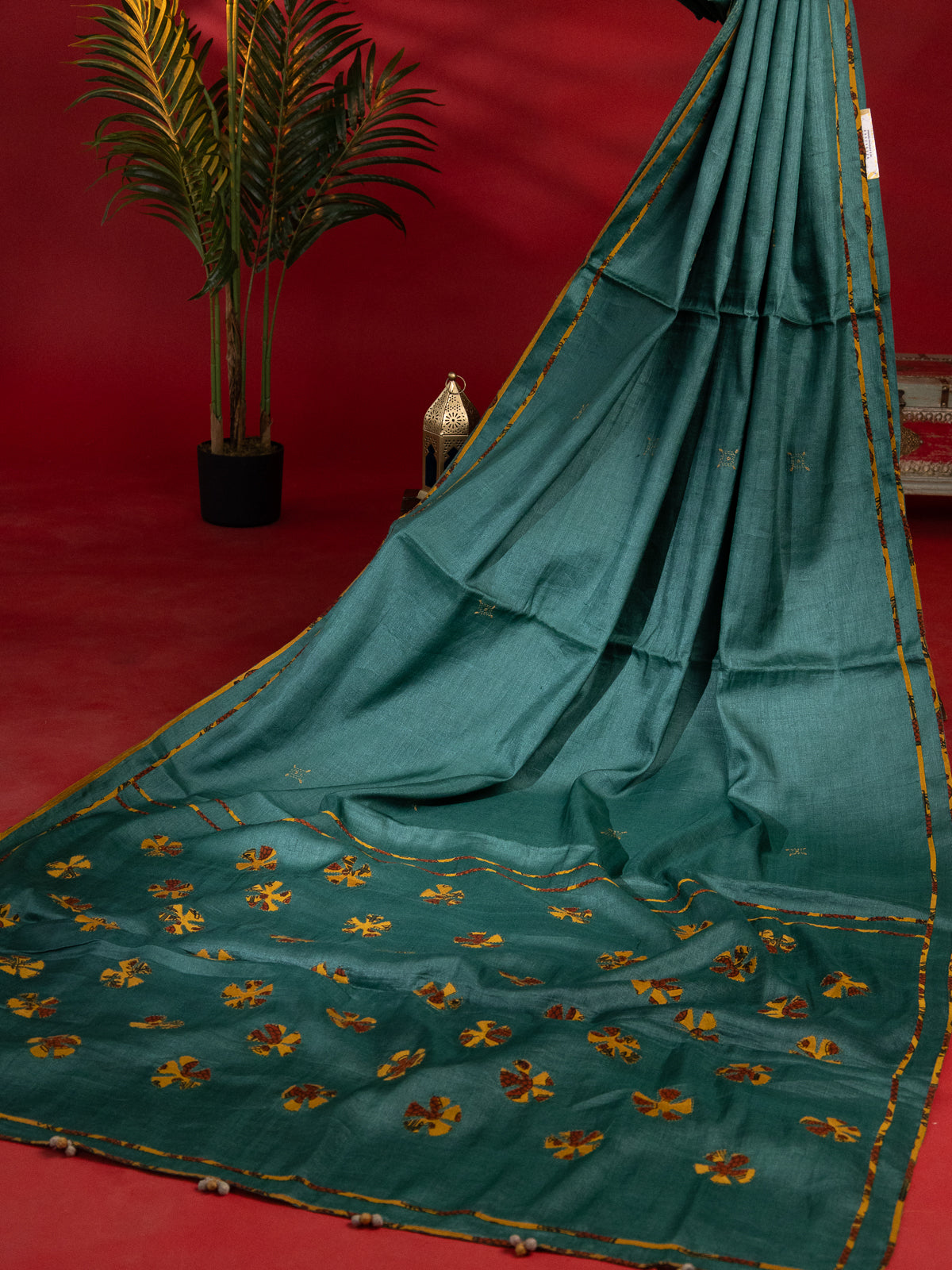 Green Tussar Silk Saree With Applique Work