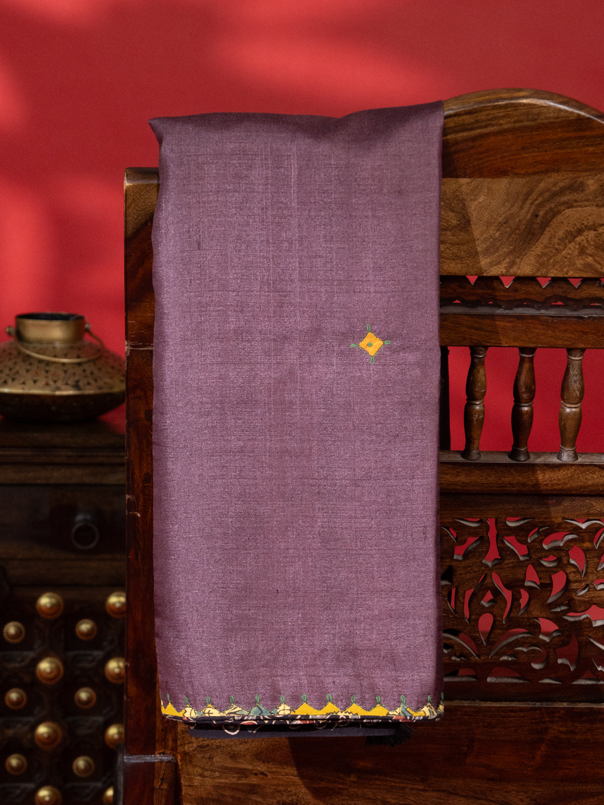 Deep Wine & Black Tussar Silk Saree With Applique Work
