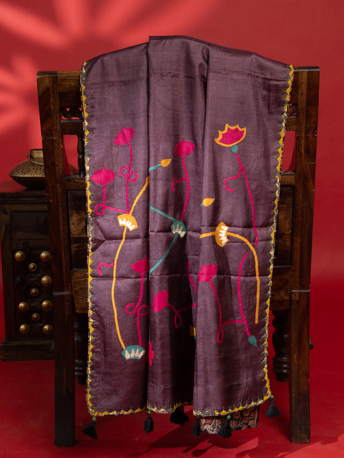 Deep Wine & Black Tussar Silk Saree With Applique Work