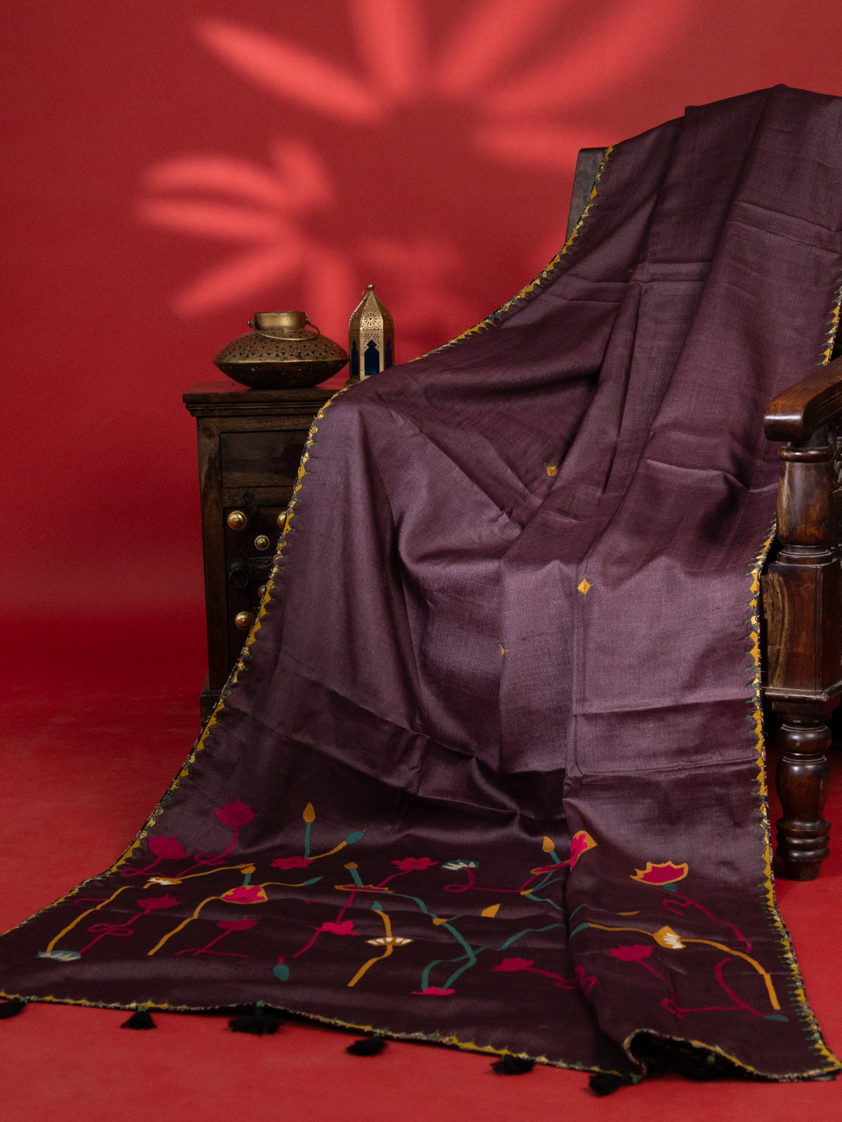 Deep Wine & Black Tussar Silk Saree With Applique Work